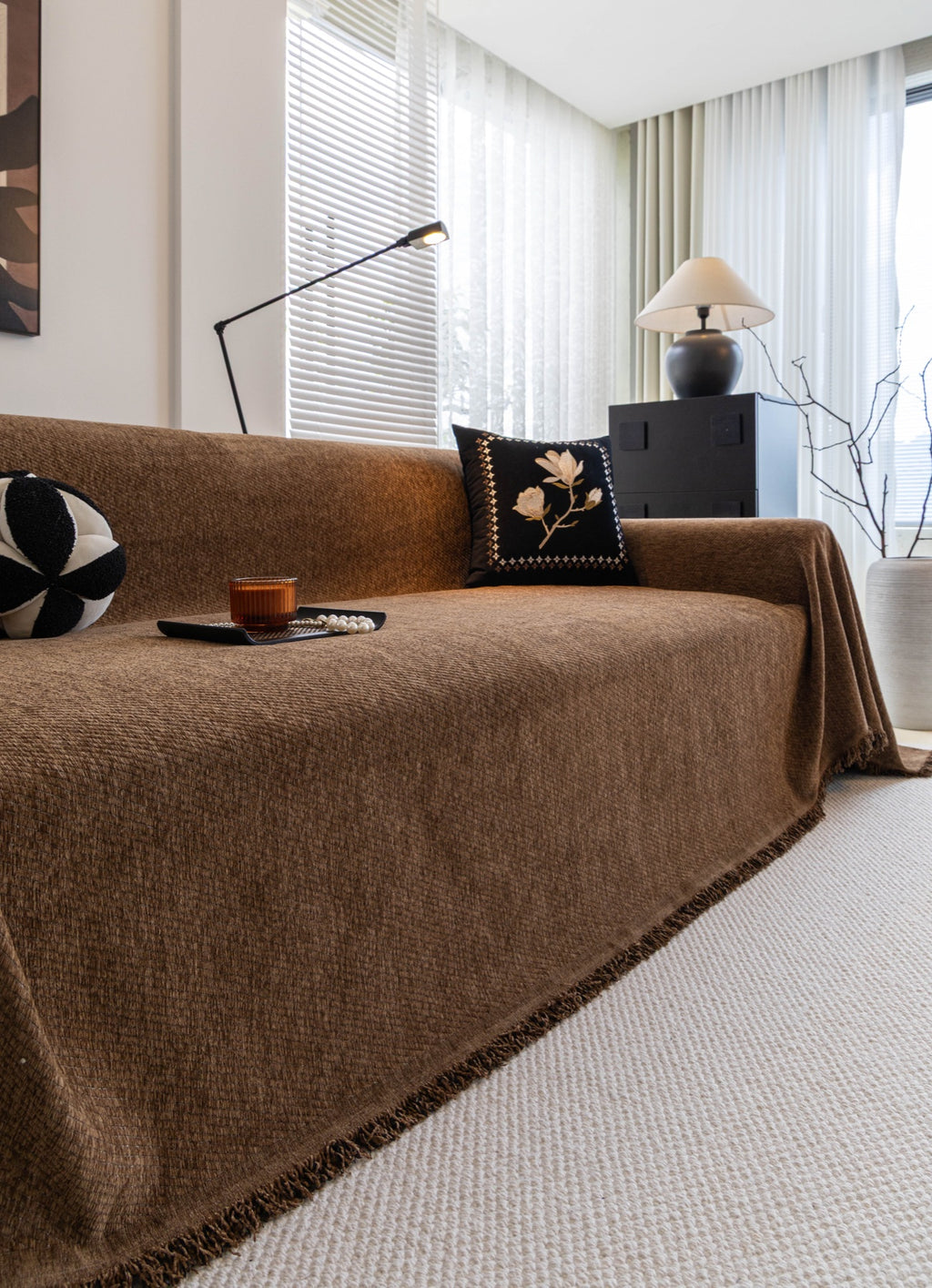 Sofa Decor Milano Ribbed Fringe Sofa Throw Cover in Cocoa Brown - ribbed sofa throw cover styled couch cover in Australia, image 10