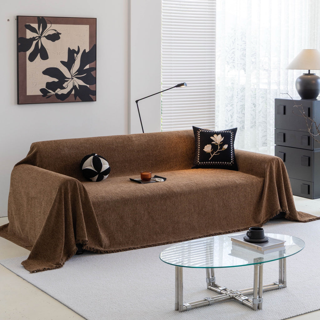 Sofa Decor Milano Ribbed Fringe Sofa Throw Cover in Cocoa Brown - ribbed sofa throw cover full sofa styling in Australia, image 11