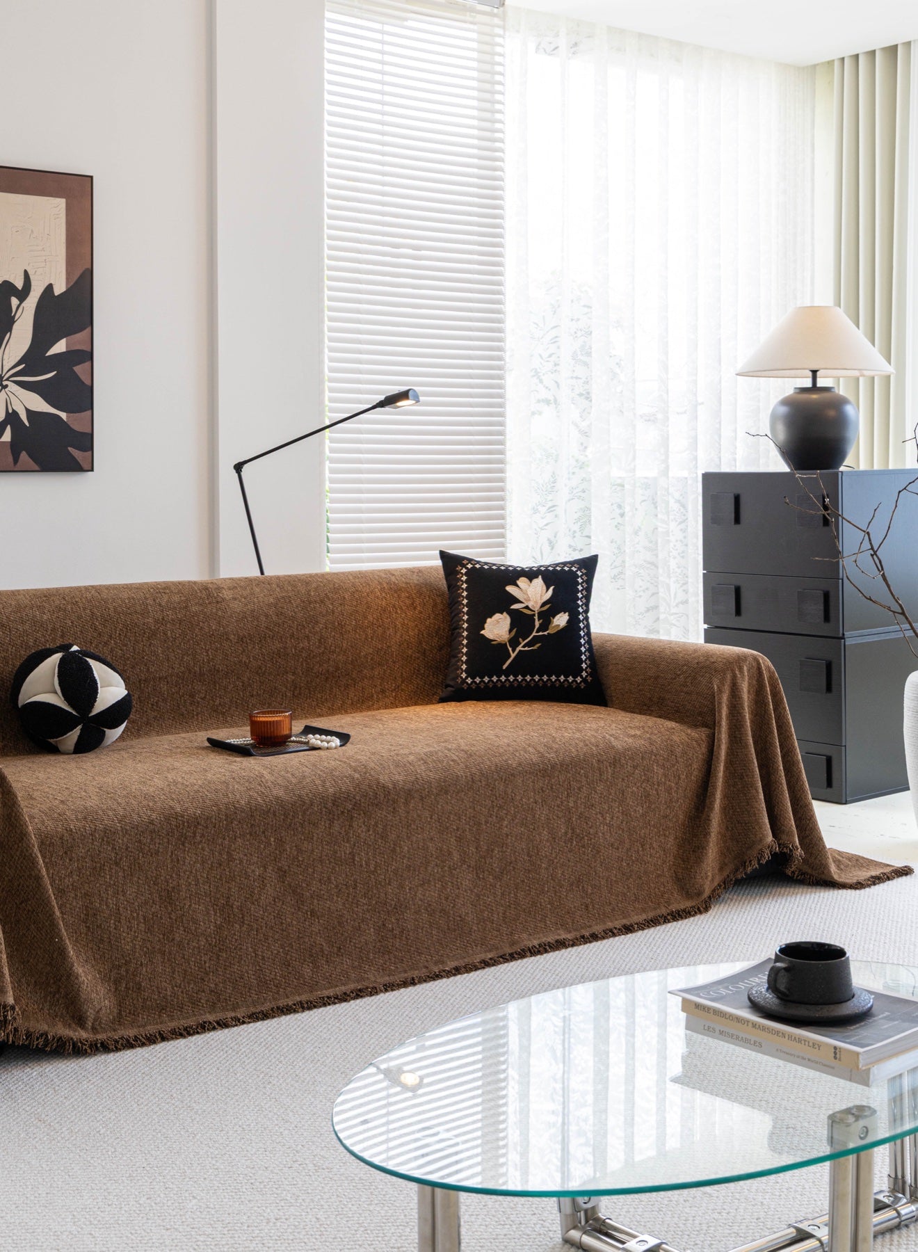 Sofa Decor Milano Ribbed Fringe Sofa Throw Cover in Cocoa Brown - ribbed sofa throw cover full sofa styling in Australia, image 12