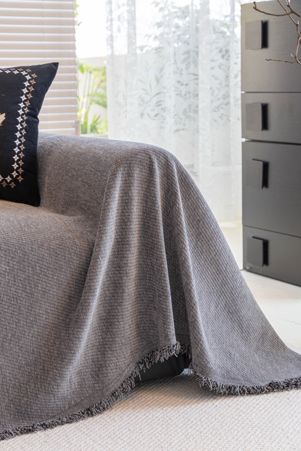 Sofa Decor Milano Ribbed Fringe Sofa Throw Cover in Warm Greige - ribbed sofa throw cover styled couch cover in Australia, image 13
