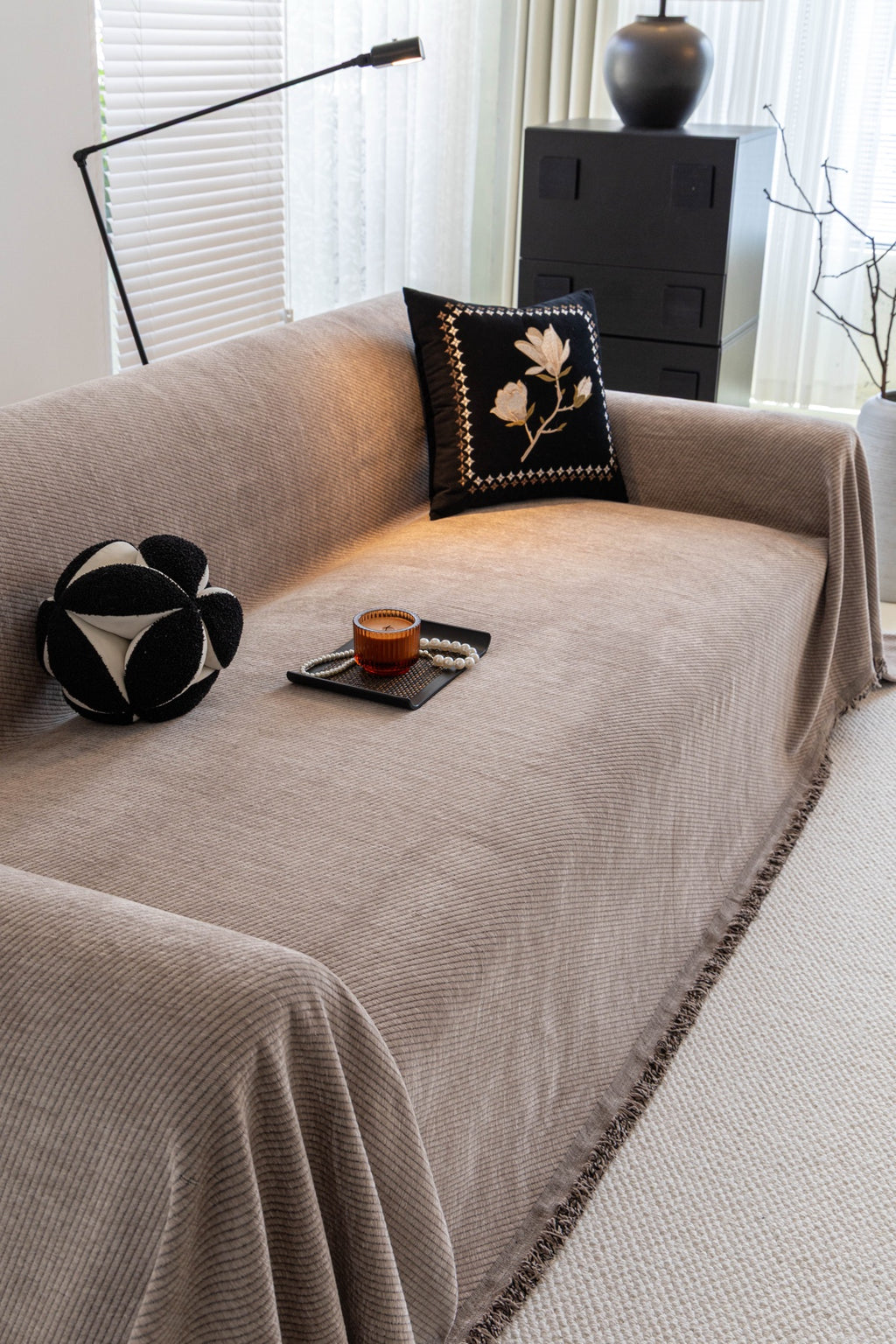 Sofa Decor Milano Ribbed Fringe Sofa Throw Cover in Warm Greige - ribbed sofa throw cover styled couch cover in Australia, image 14
