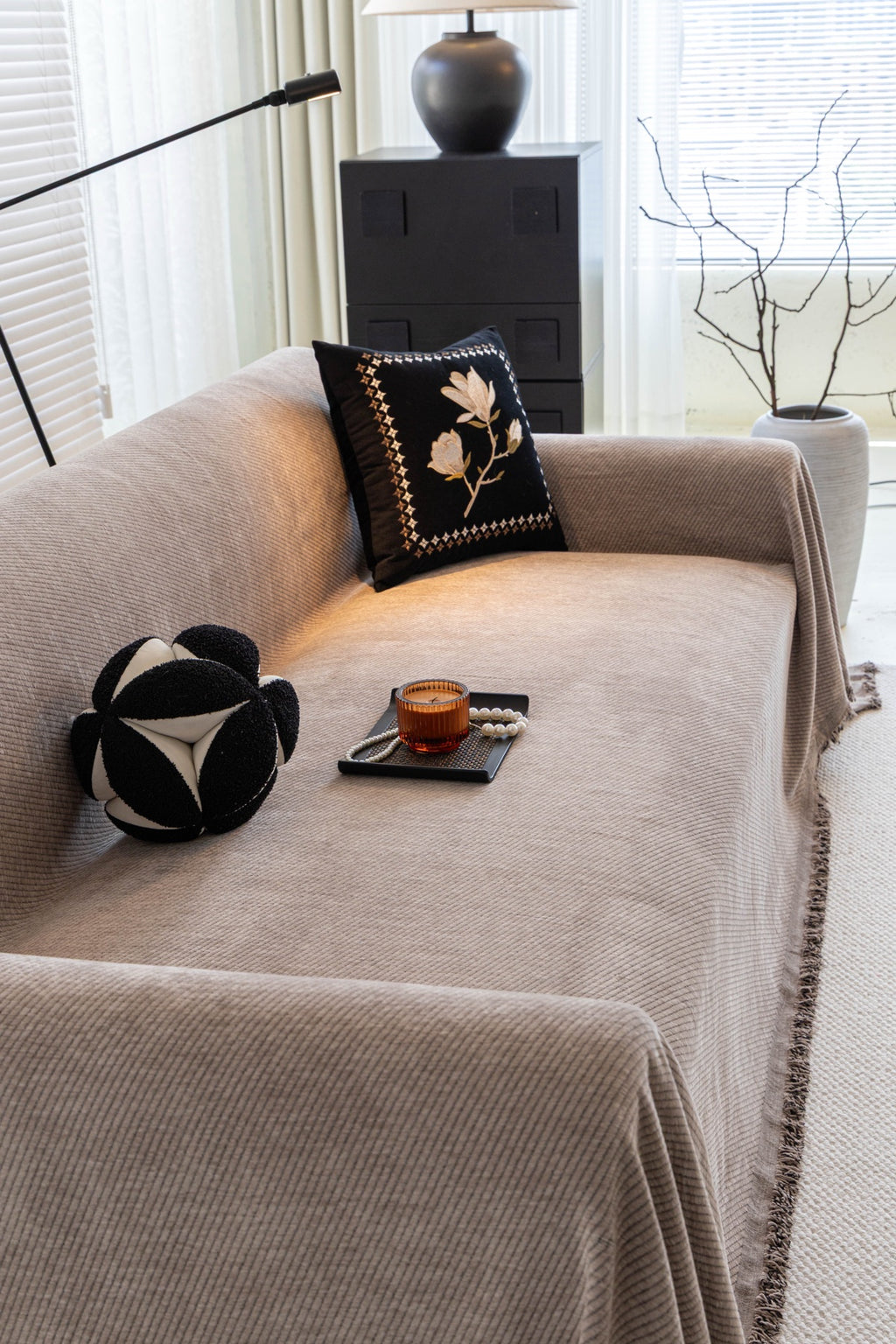 Sofa Decor Milano Ribbed Fringe Sofa Throw Cover in Warm Greige - ribbed sofa throw cover styled couch cover in Australia, image 15