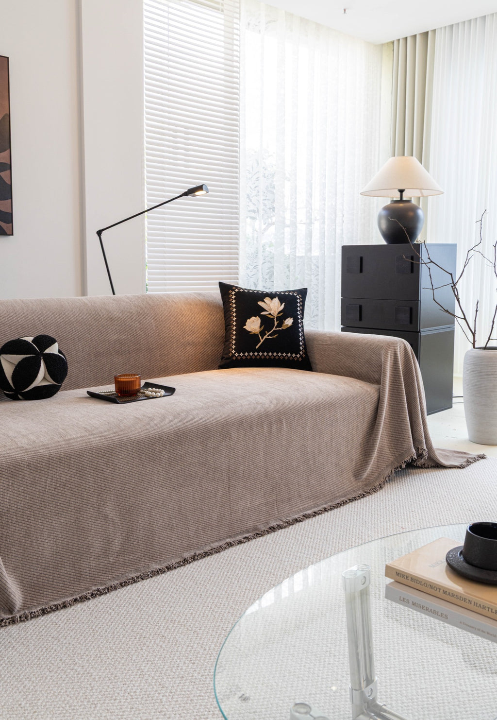 Sofa Decor Milano Ribbed Fringe Sofa Throw Cover in Warm Greige - ribbed sofa throw cover styled couch cover in Australia, image 16
