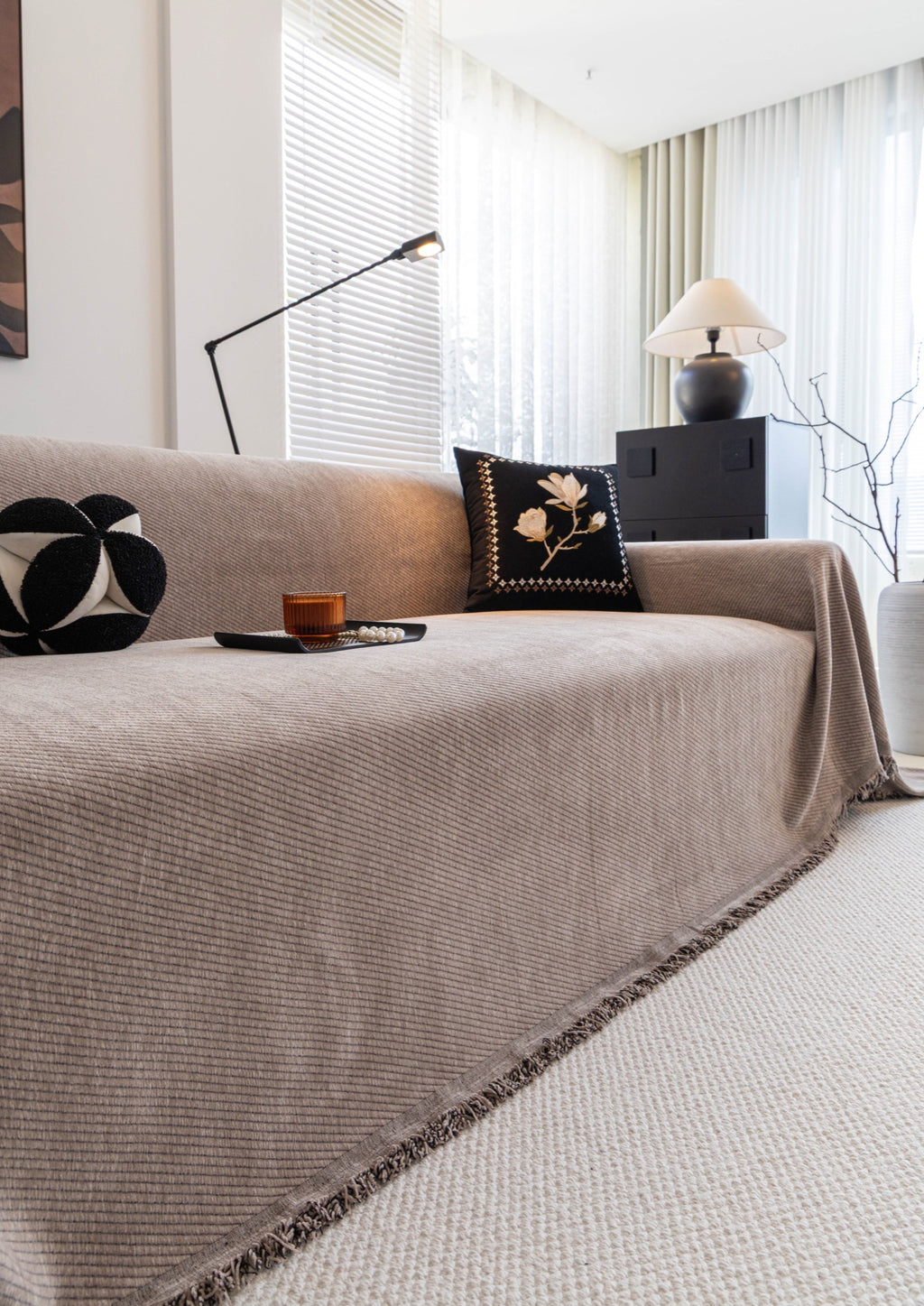 Sofa Decor Milano Ribbed Fringe Sofa Throw Cover in Warm Greige - ribbed sofa throw cover styled couch cover in Australia, image 18