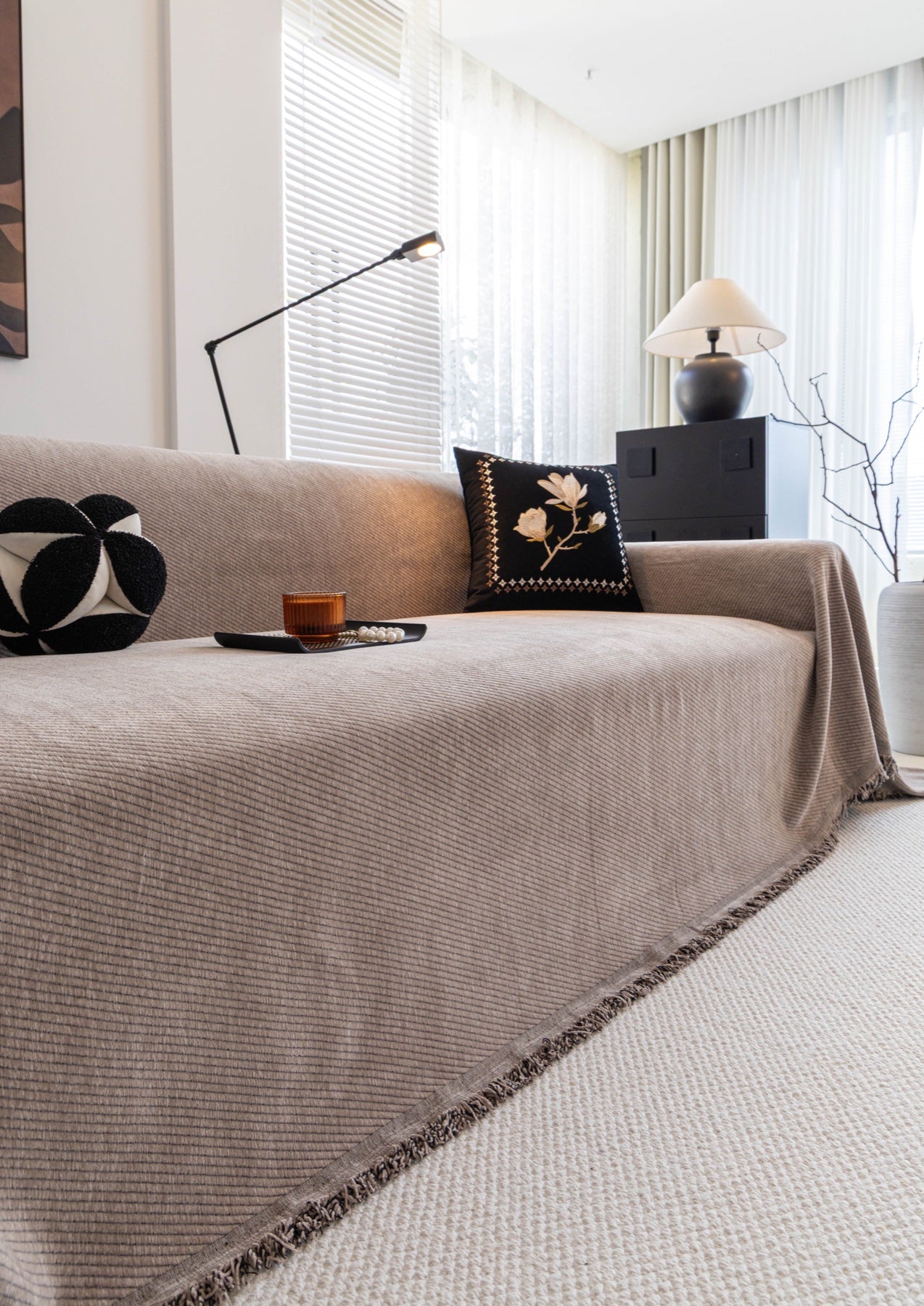 Sofa Decor Milano Ribbed Fringe Sofa Throw Cover in Warm Greige - ribbed sofa throw cover styled couch cover in Australia, image 18