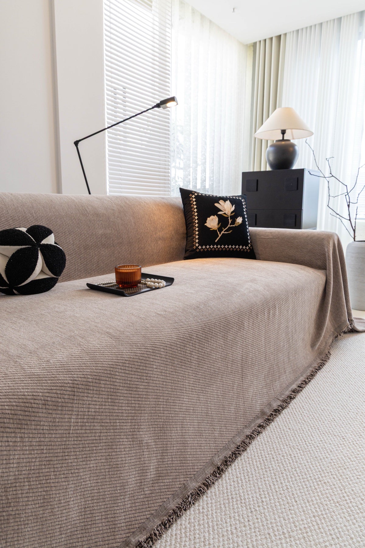 Sofa Decor Milano Ribbed Fringe Sofa Throw Cover in Warm Greige - ribbed sofa throw cover styled couch cover in Australia, image 20