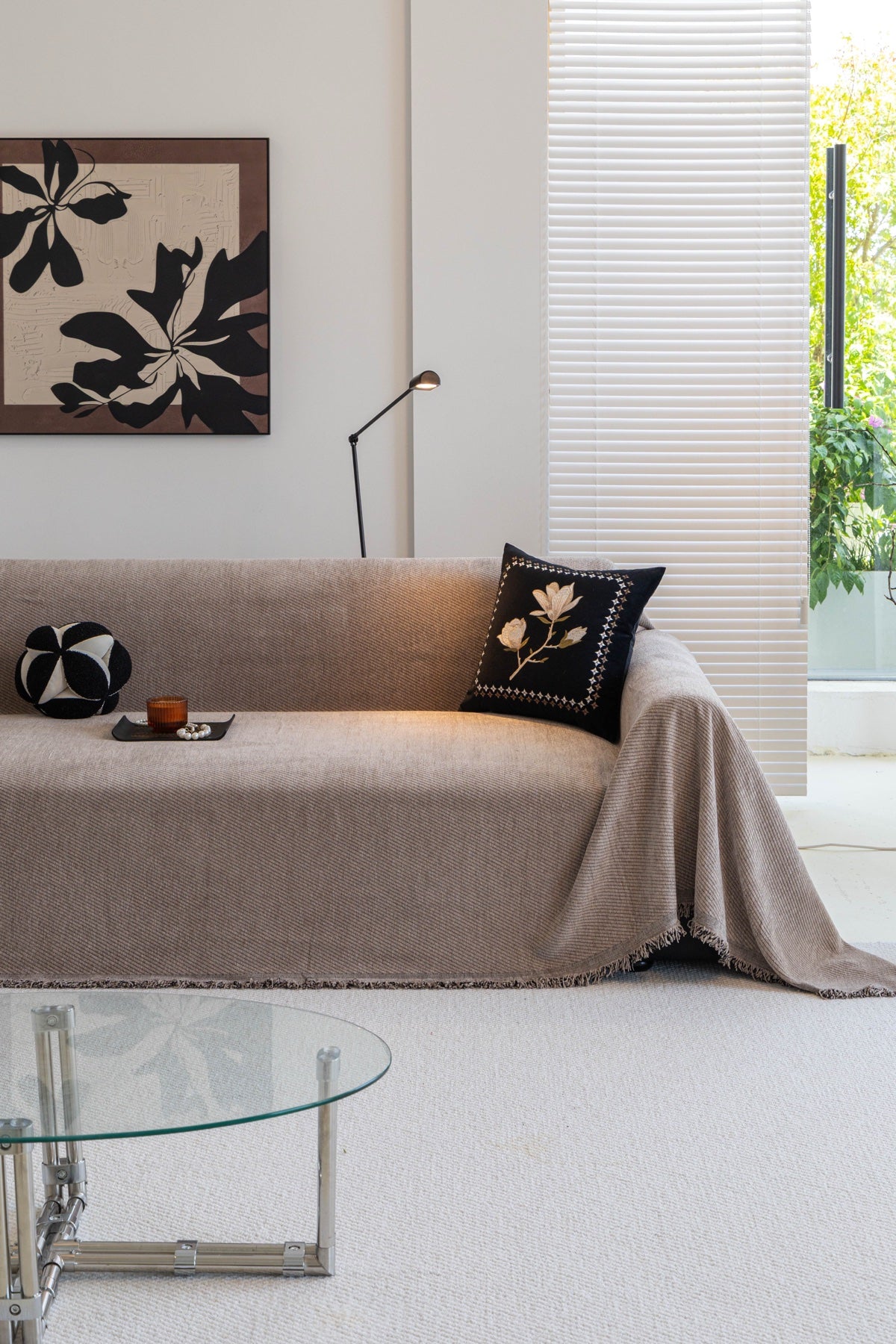 Sofa Decor Milano Ribbed Fringe Sofa Throw Cover in Warm Greige - ribbed sofa throw cover styled couch cover in Australia, image 23