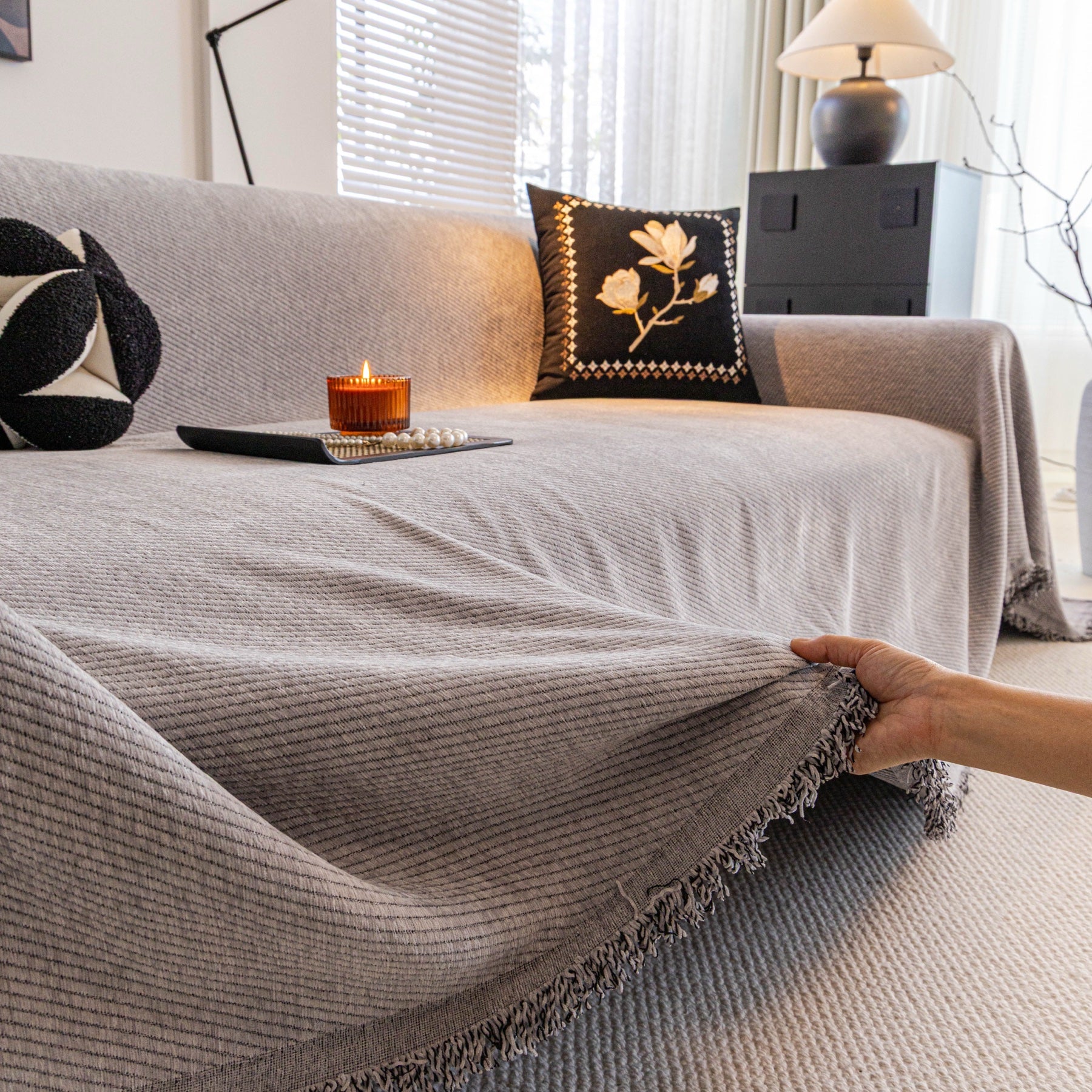 Sofa Decor Milano Ribbed Fringe Sofa Throw Cover in Warm Greige - ribbed sofa throw cover styled couch cover in Australia, image 24