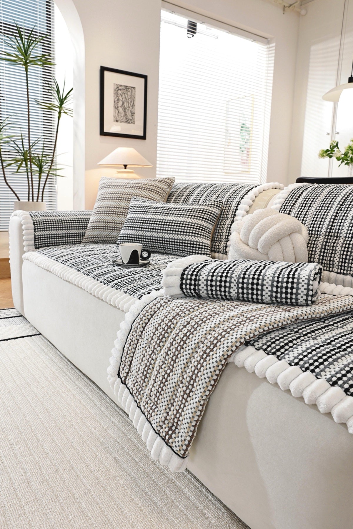Sofa Decor Monaco Pom Edge Stripe Sofa Cover Piece - styled sofa fit view for striped pom edge sofa cover pieces in Australia, image 7