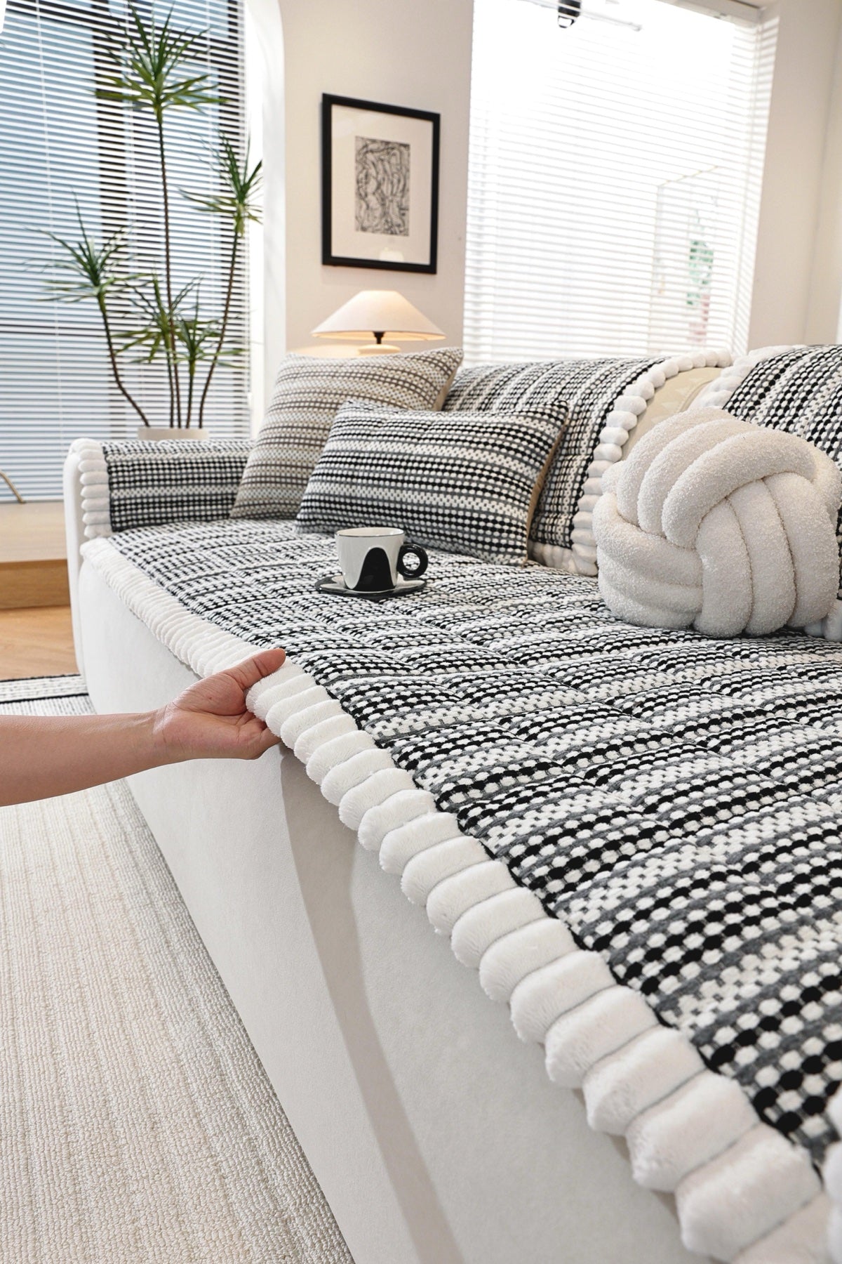 Sofa Decor Monaco Pom Edge Stripe Sofa Cover Piece - pom edge close fit view for striped pom edge sofa cover pieces in Australia, image 8