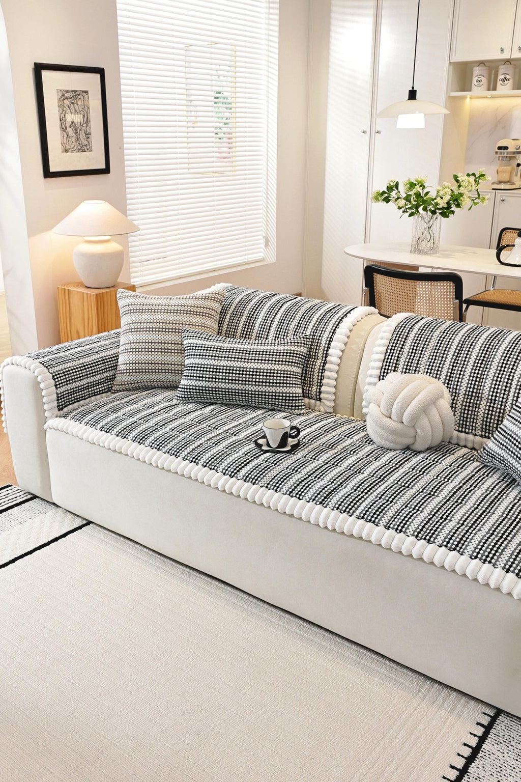 Sofa Decor Monaco Pom Edge Stripe Sofa Cover Piece - styled sofa fit view for striped pom edge sofa cover pieces in Australia, image 5