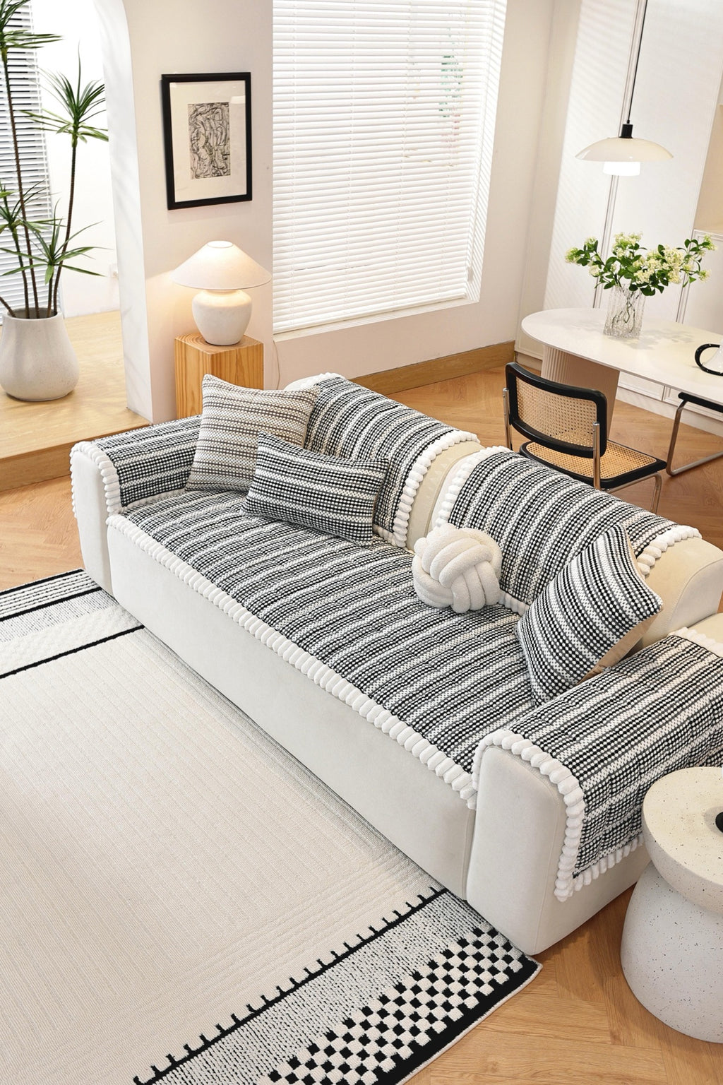 Sofa Decor Monaco Pom Edge Stripe Sofa Cover Piece - styled sofa fit view for striped pom edge sofa cover pieces in Australia, image 6