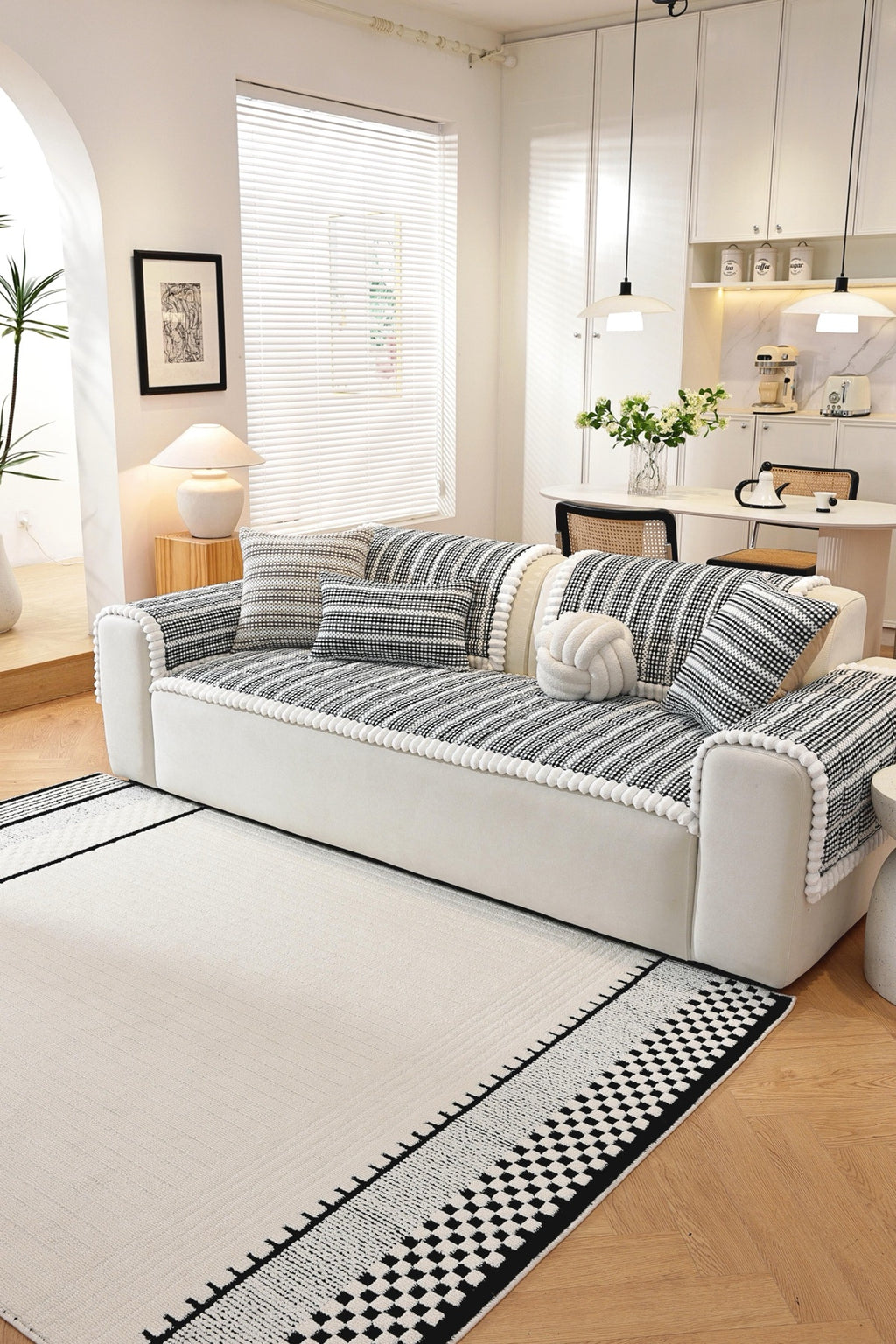 Sofa Decor Monaco Pom Edge Stripe Sofa Cover Piece - styled sofa fit view for striped pom edge sofa cover pieces in Australia, image 4