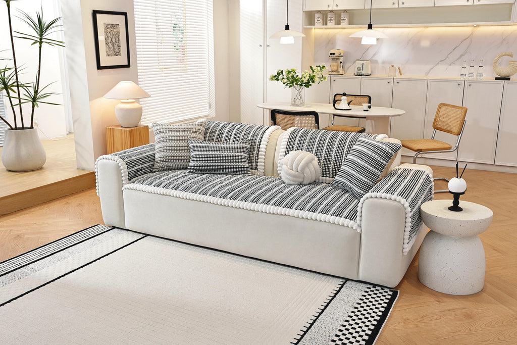 Sofa Decor Monaco Pom Edge Stripe Sofa Cover Piece - styled sofa fit view for striped pom edge sofa cover pieces in Australia, image 3