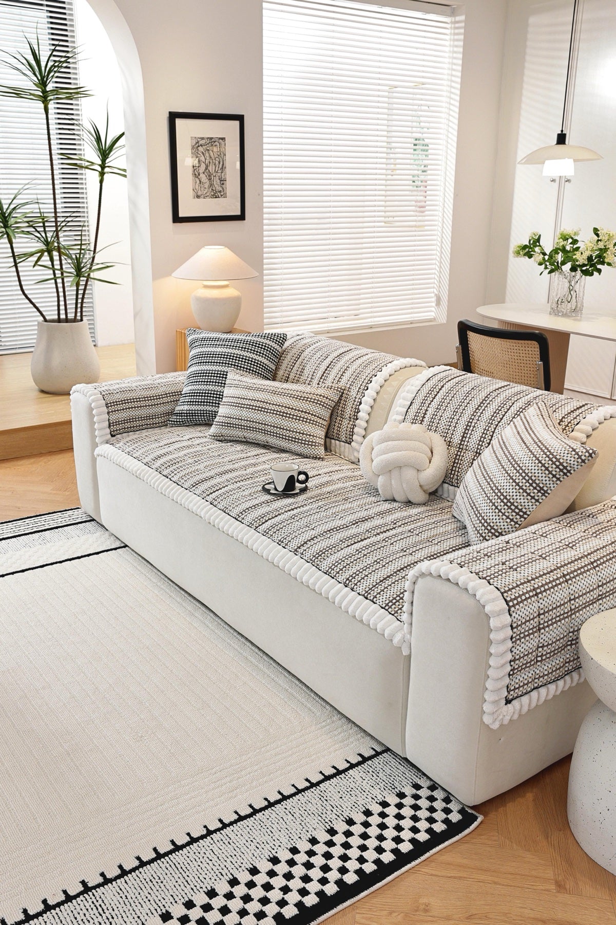 Sofa Decor Monaco Pom Edge Stripe Sofa Cover Piece - styled sofa fit view for striped pom edge sofa cover pieces in Australia, image 2