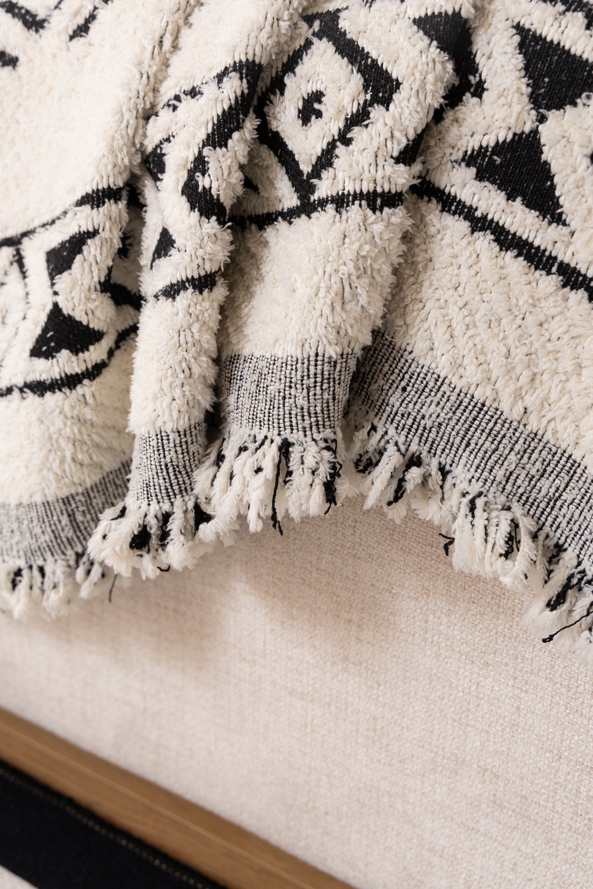 Sofa Decor Nala Geometric Plush Sofa Throw Cover in Ivory Black - geometric sofa throw cover fabric and edge detail in Australia, image 2