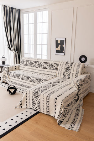 Sofa Decor Nala Geometric Plush Sofa Throw Cover in Ivory Black - geometric sofa throw cover styled couch cover in Australia, image 3