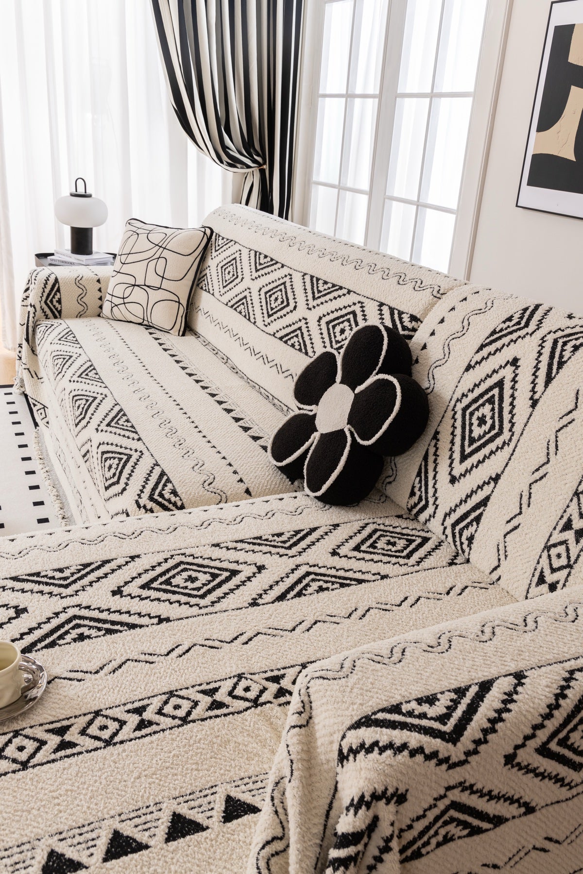 Sofa Decor Nala Geometric Plush Sofa Throw Cover in Ivory Black - geometric sofa throw cover styled couch cover in Australia, image 5