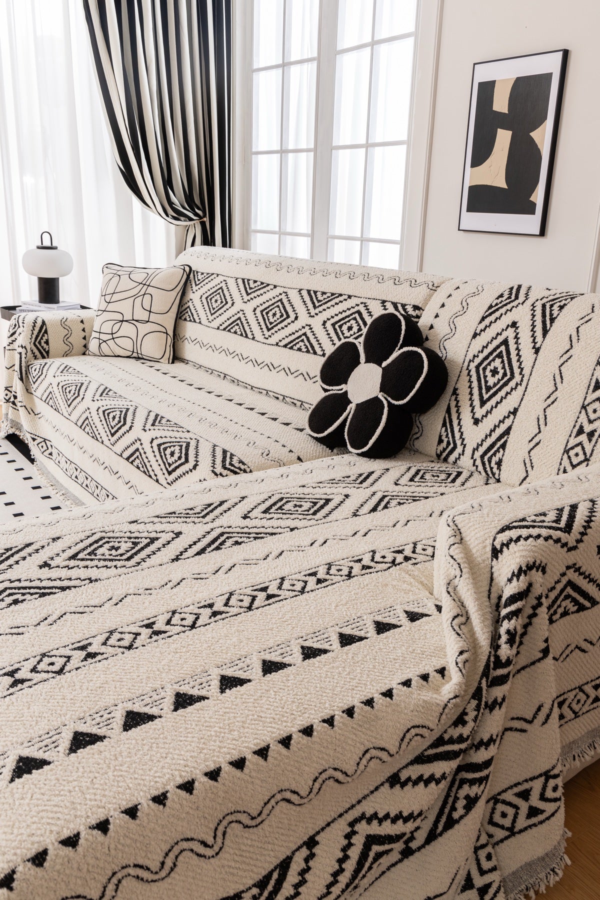 Sofa Decor Nala Geometric Plush Sofa Throw Cover in Ivory Black - geometric sofa throw cover styled couch cover in Australia, image 7