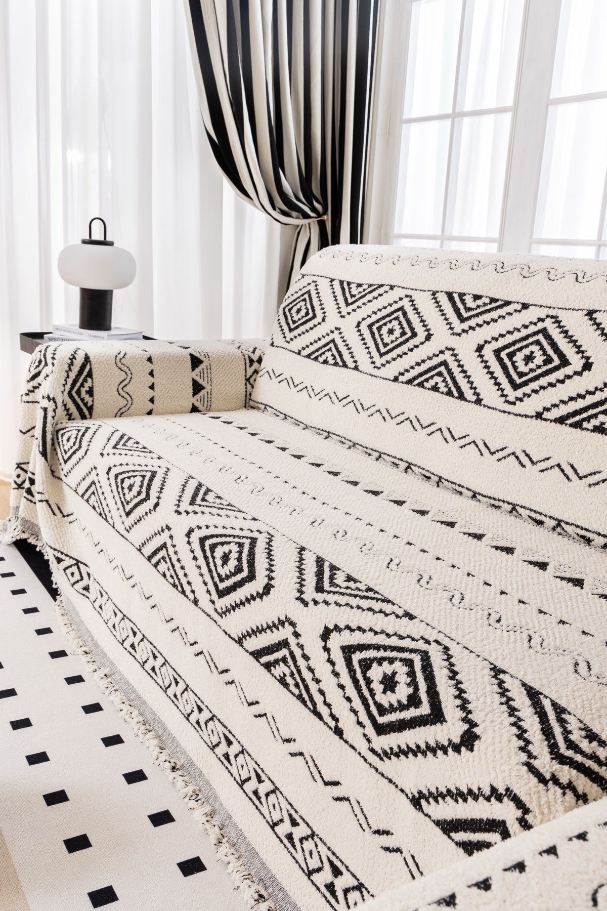 Sofa Decor Nala Geometric Plush Sofa Throw Cover in Ivory Black - geometric sofa throw cover styled couch cover in Australia, image 8