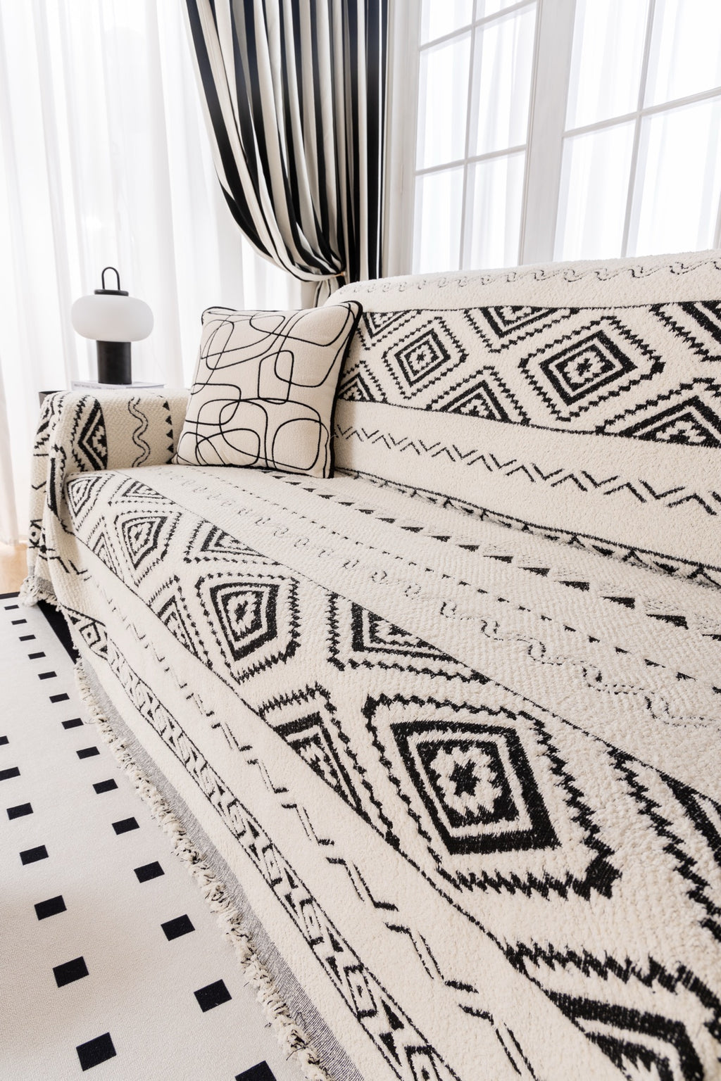 Sofa Decor Nala Geometric Plush Sofa Throw Cover in Ivory Black - geometric sofa throw cover styled couch cover in Australia, image 9