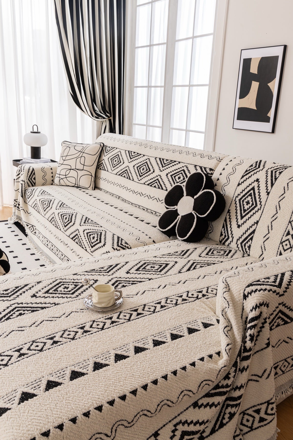 Sofa Decor Nala Geometric Plush Sofa Throw Cover in Ivory Black - geometric sofa throw cover styled couch cover in Australia, image 10