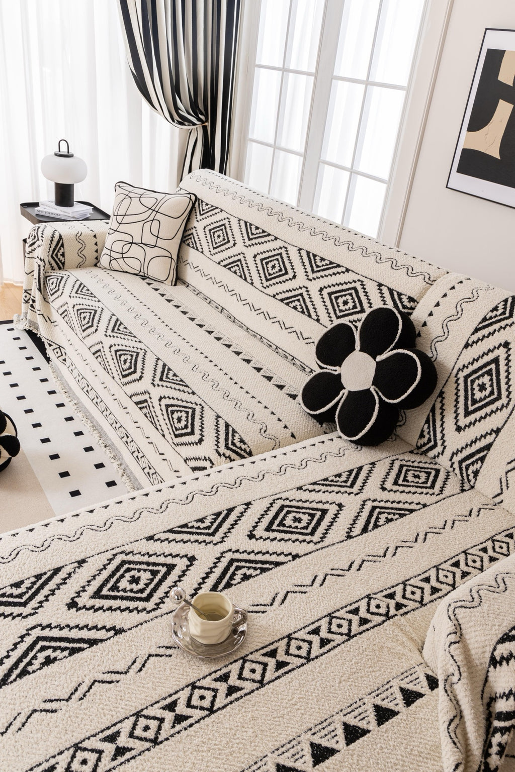 Sofa Decor Nala Geometric Plush Sofa Throw Cover in Ivory Black - geometric sofa throw cover styled couch cover in Australia, image 12