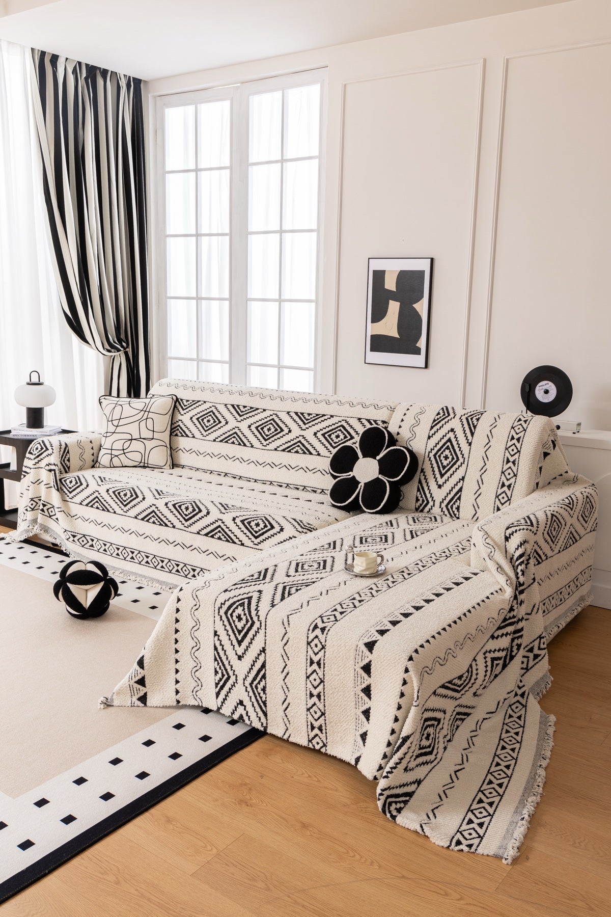 Sofa Decor Nala Geometric Plush Sofa Throw Cover in Ivory Black - geometric sofa throw cover styled couch cover in Australia, image 14