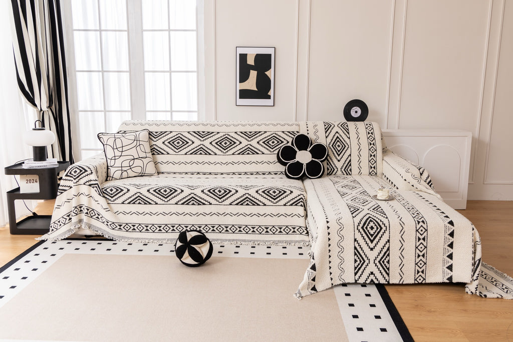 Sofa Decor Nala Geometric Plush Sofa Throw Cover in Ivory Black - geometric sofa throw cover full sofa styling in Australia, image 15
