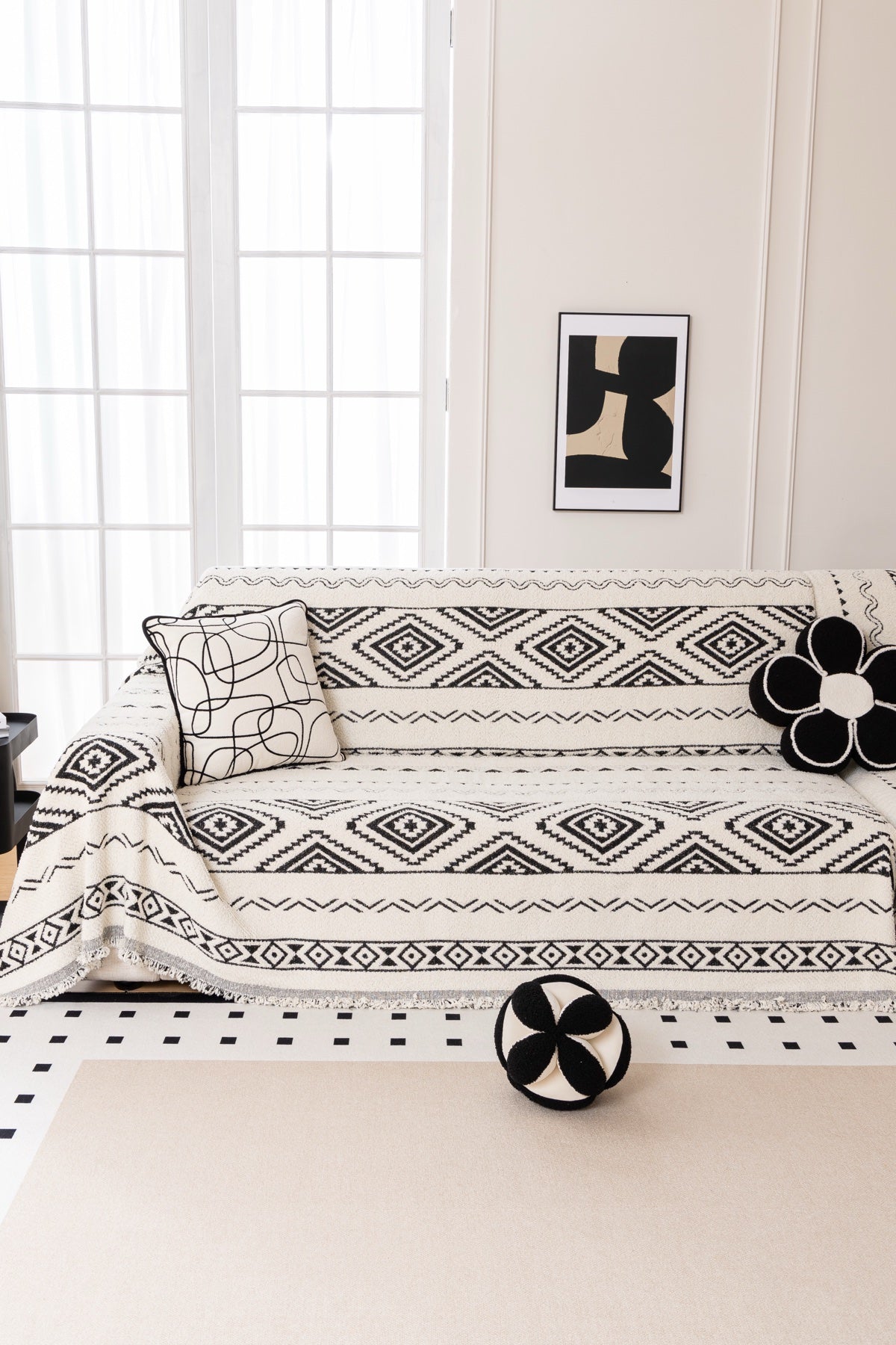 Sofa Decor Nala Geometric Plush Sofa Throw Cover in Ivory Black - geometric sofa throw cover full sofa styling in Australia, image 16