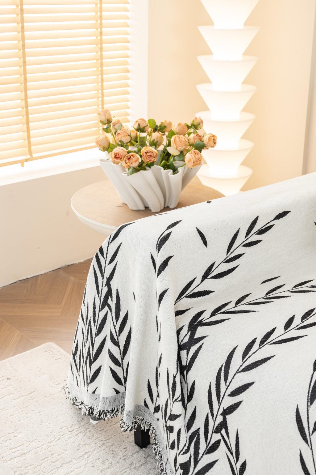 Sofa Decor Oliva Leaf Fringe Sofa Throw Cover in Black Leaf - leaf pattern sofa throw cover styled couch cover in Australia, image 33