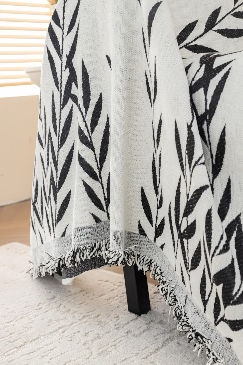 Sofa Decor Oliva Leaf Fringe Sofa Throw Cover in Black Leaf - leaf pattern sofa throw cover styled couch cover in Australia, image 34