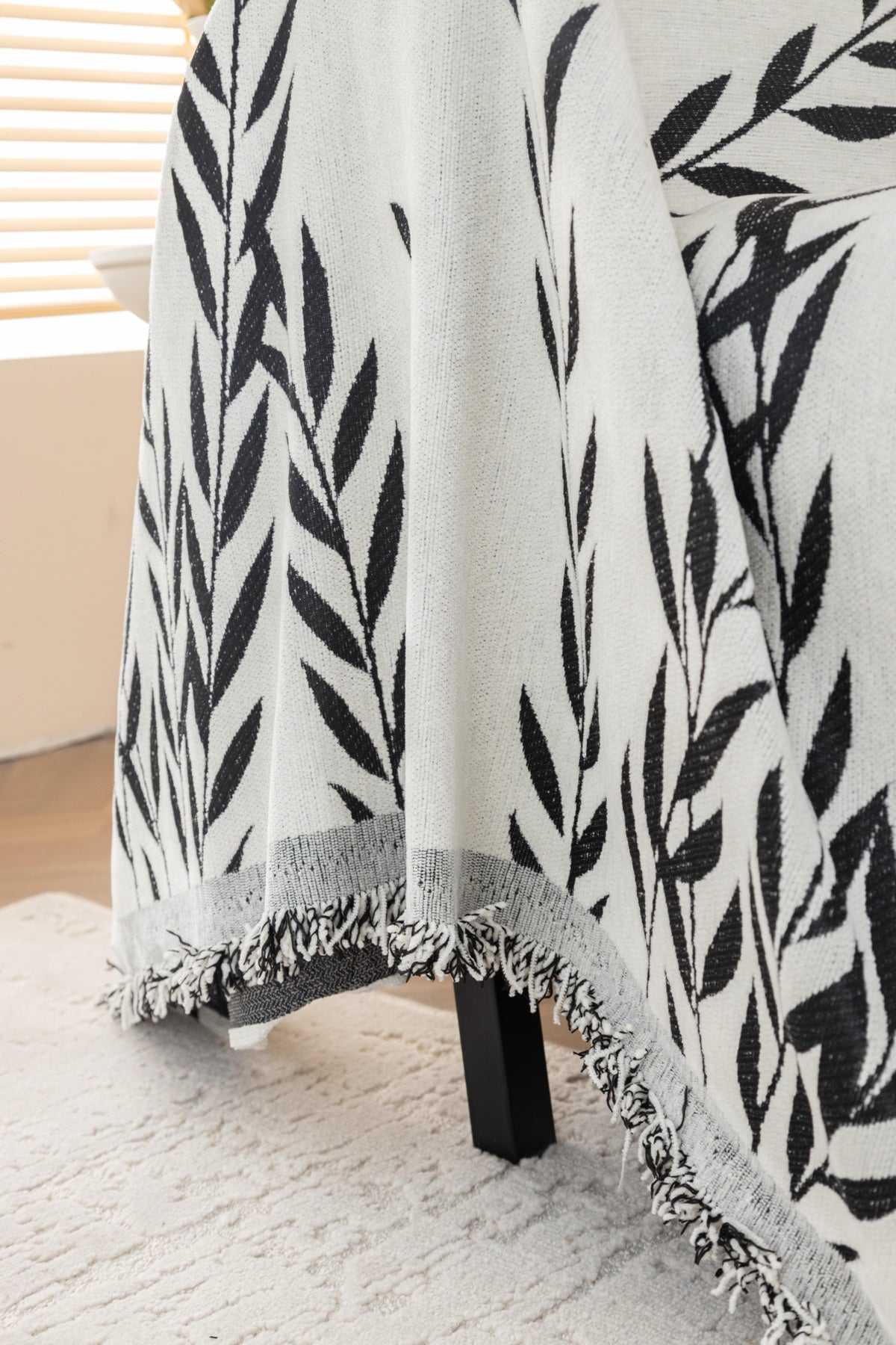Sofa Decor Oliva Leaf Fringe Sofa Throw Cover in Black Leaf - leaf pattern sofa throw cover styled couch cover in Australia, image 34