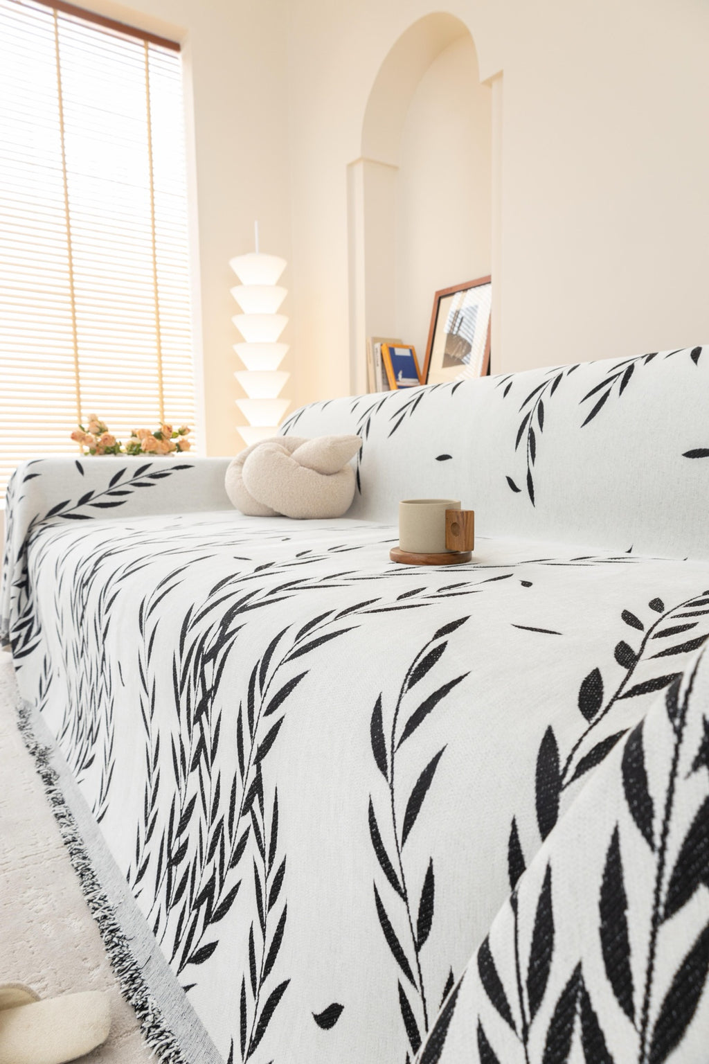 Sofa Decor Oliva Leaf Fringe Sofa Throw Cover in Black Leaf - leaf pattern sofa throw cover styled couch cover in Australia, image 35