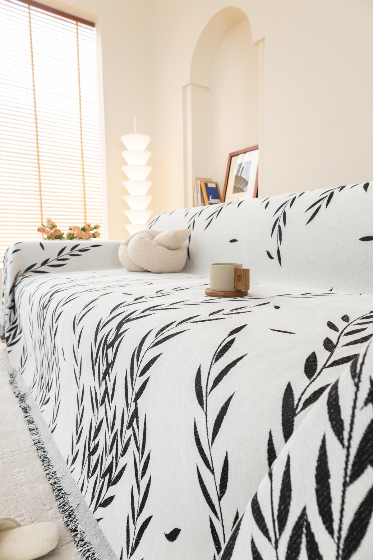Sofa Decor Oliva Leaf Fringe Sofa Throw Cover in Black Leaf - leaf pattern sofa throw cover styled couch cover in Australia, image 35