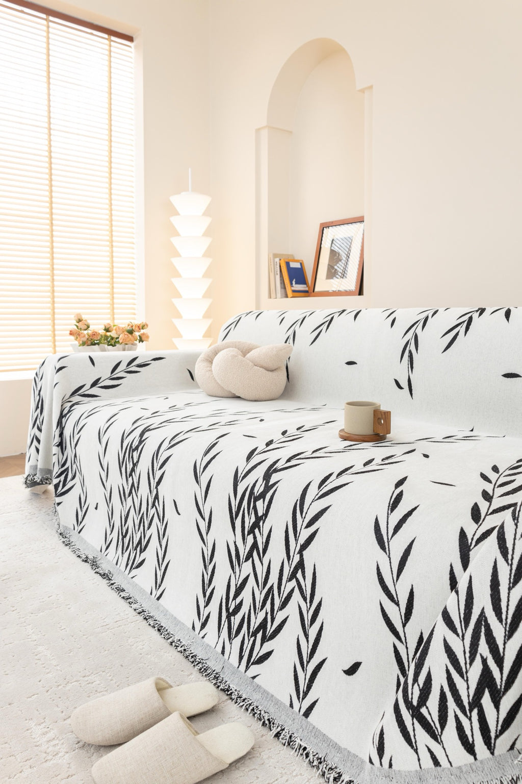 Sofa Decor Oliva Leaf Fringe Sofa Throw Cover in Black Leaf - leaf pattern sofa throw cover styled couch cover in Australia, image 36