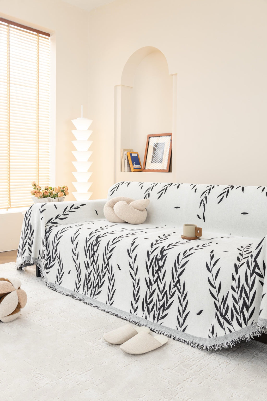 Sofa Decor Oliva Leaf Fringe Sofa Throw Cover in Black Leaf - leaf pattern sofa throw cover styled couch cover in Australia, image 37