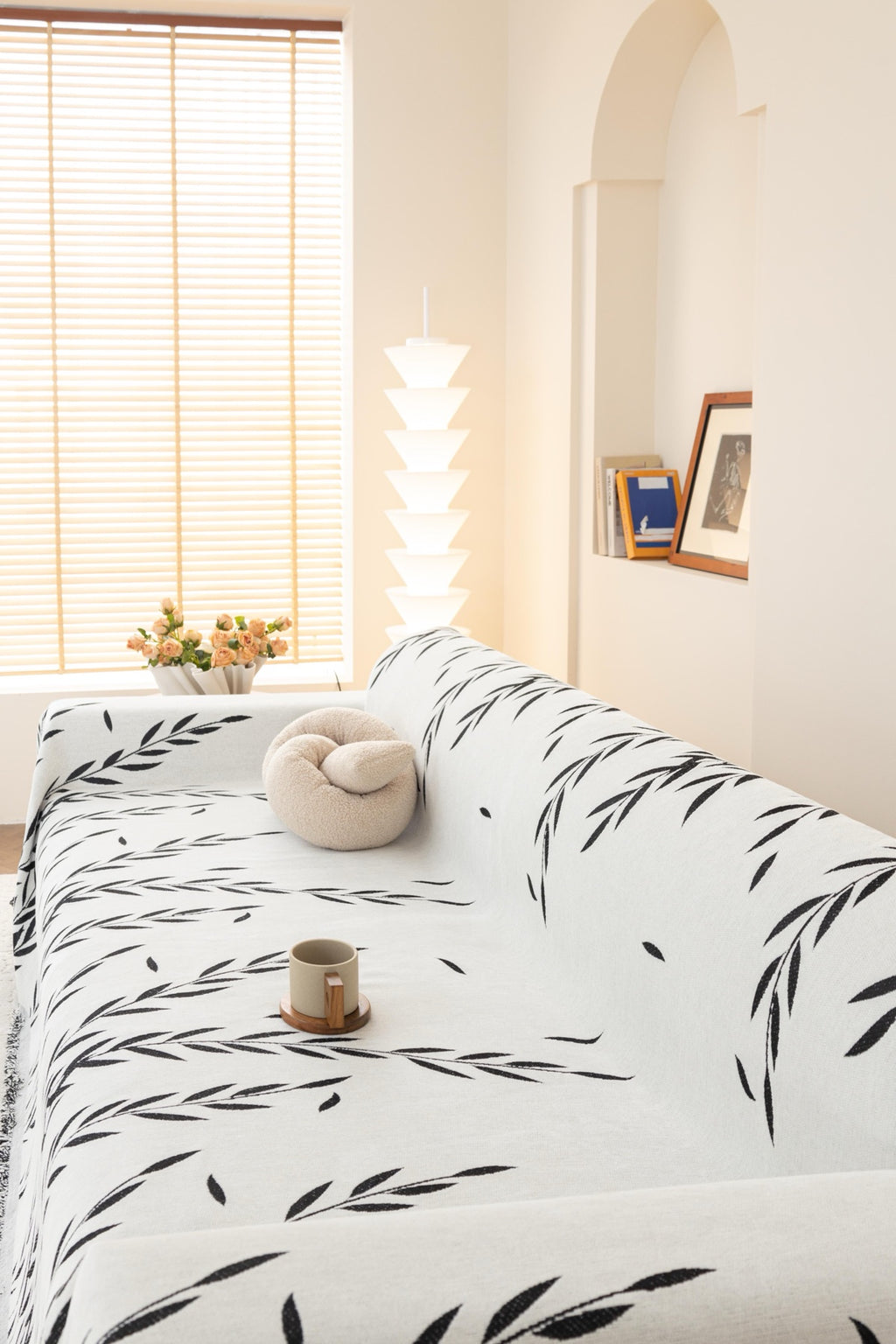Sofa Decor Oliva Leaf Fringe Sofa Throw Cover in Black Leaf - leaf pattern sofa throw cover styled couch cover in Australia, image 38