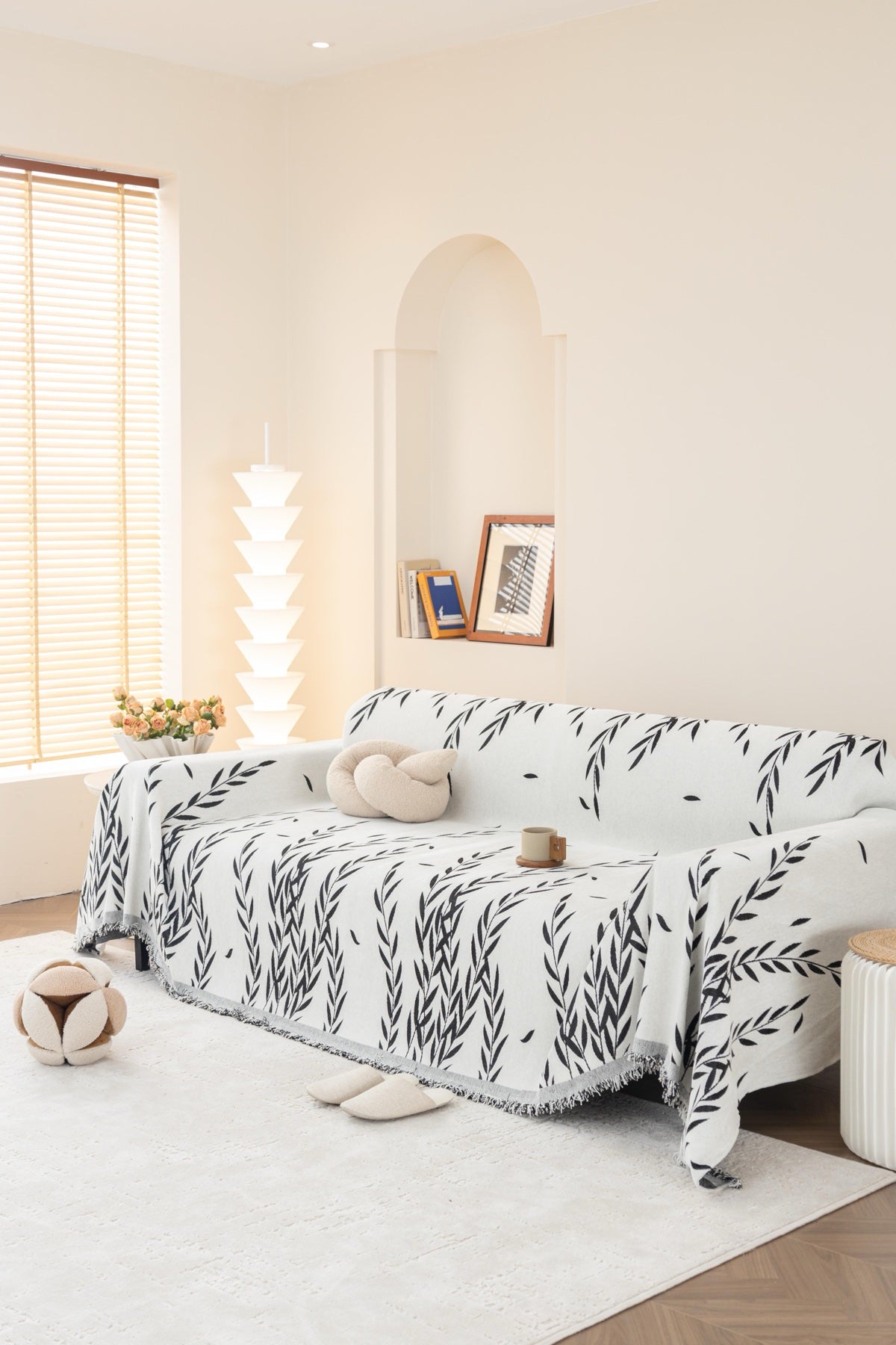 Sofa Decor Oliva Leaf Fringe Sofa Throw Cover in Black Leaf - leaf pattern sofa throw cover styled couch cover in Australia, image 40