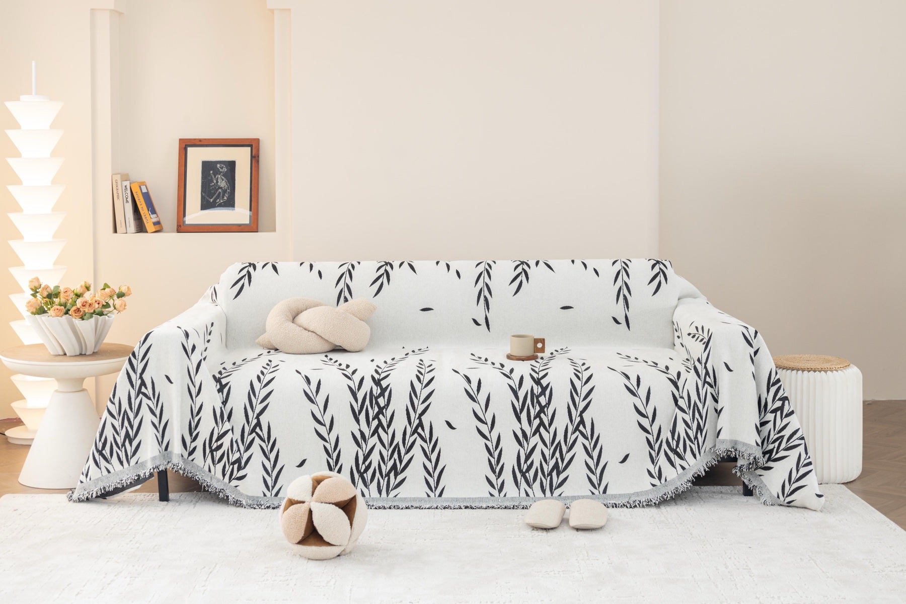 Sofa Decor Oliva Leaf Fringe Sofa Throw Cover in Black Leaf - leaf pattern sofa throw cover full sofa styling in Australia, image 41