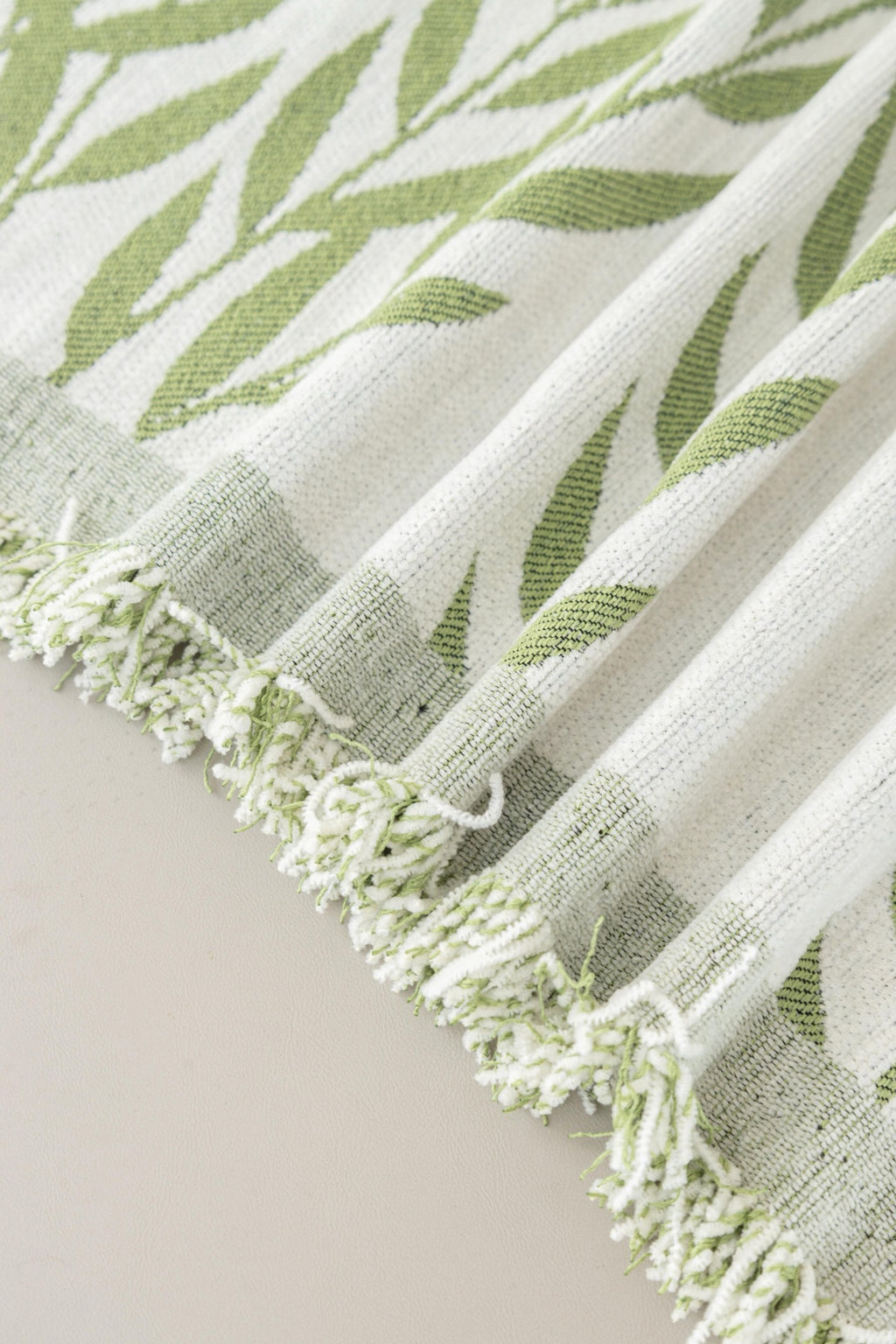 Sofa Decor Oliva Leaf Fringe Sofa Throw Cover in Sage Leaf - leaf pattern sofa throw cover styled couch cover in Australia, image 2