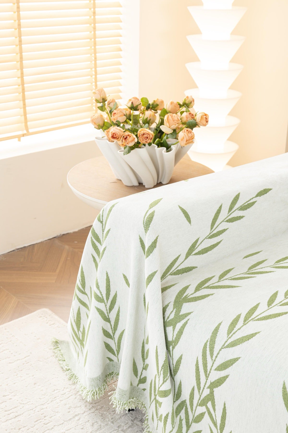 Sofa Decor Oliva Leaf Fringe Sofa Throw Cover in Sage Leaf - leaf pattern sofa throw cover styled couch cover in Australia, image 6
