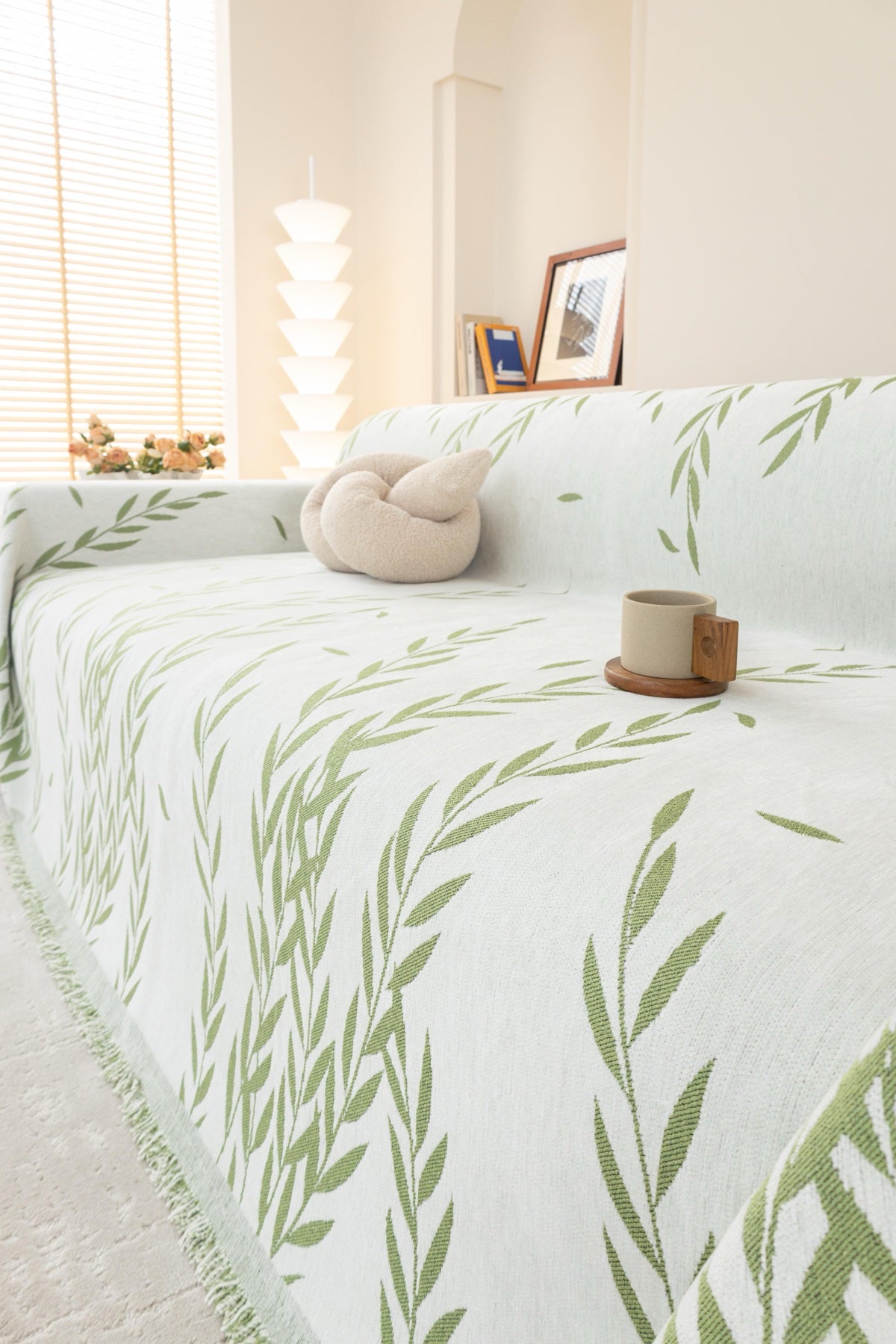 Sofa Decor Oliva Leaf Fringe Sofa Throw Cover in Sage Leaf - leaf pattern sofa throw cover styled couch cover in Australia, image 7