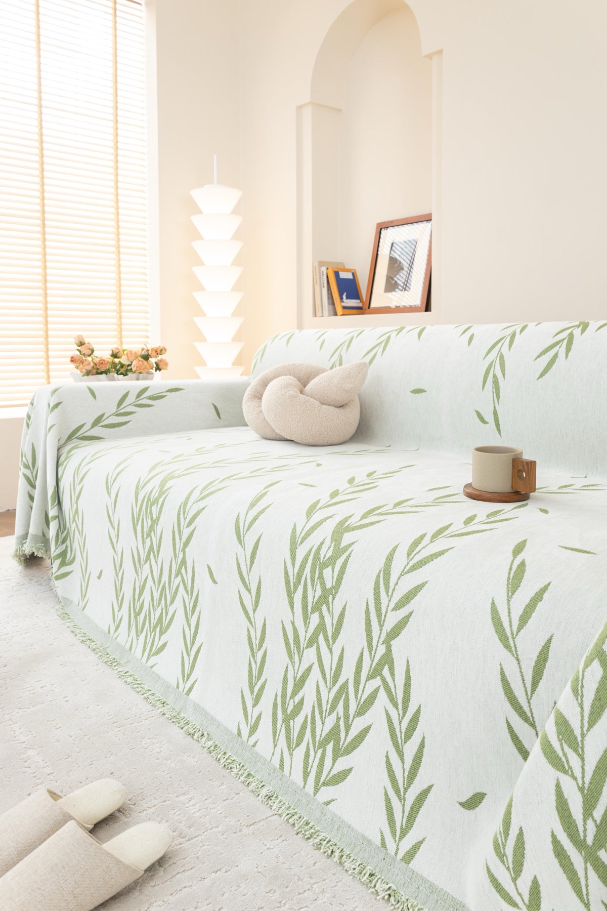 Sofa Decor Oliva Leaf Fringe Sofa Throw Cover in Sage Leaf - leaf pattern sofa throw cover styled couch cover in Australia, image 8