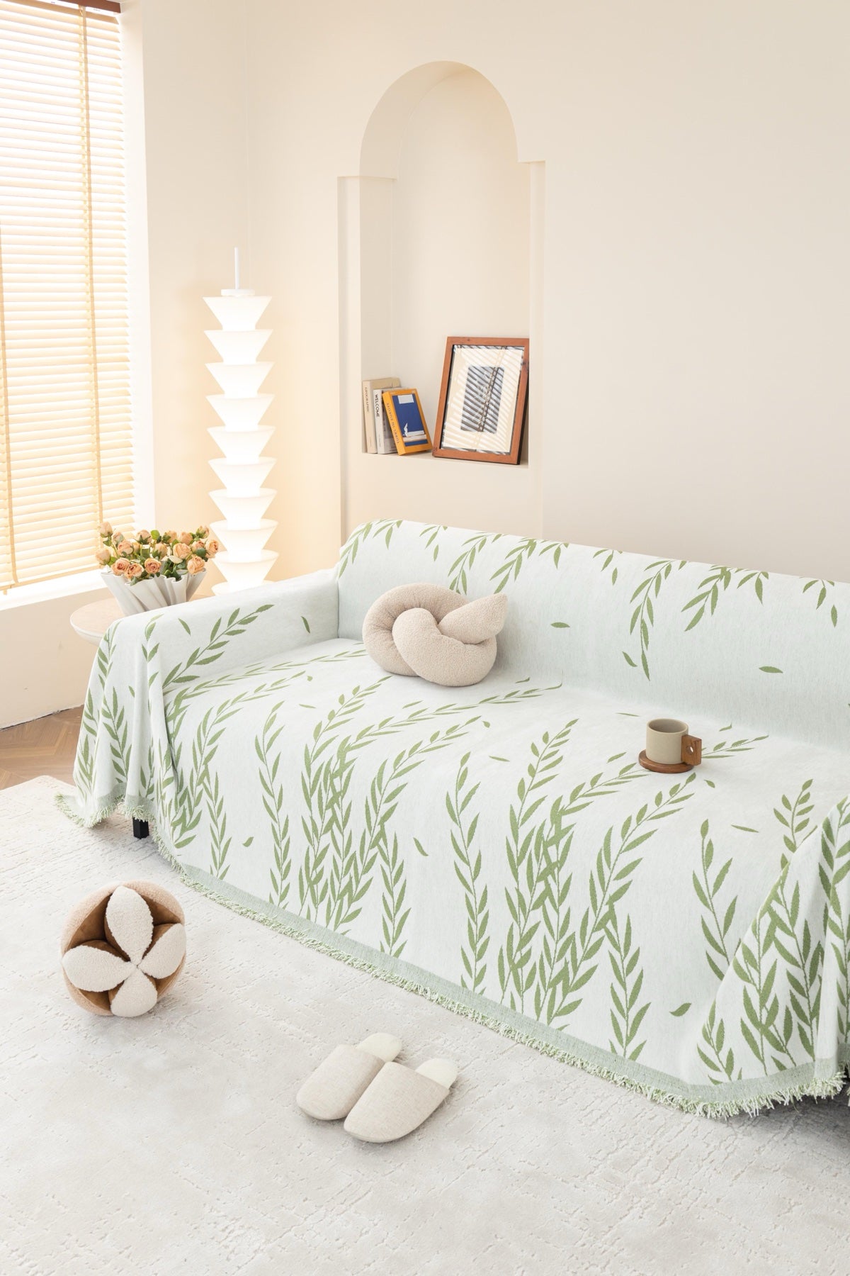Sofa Decor Oliva Leaf Fringe Sofa Throw Cover in Sage Leaf - leaf pattern sofa throw cover styled couch cover in Australia, image 9