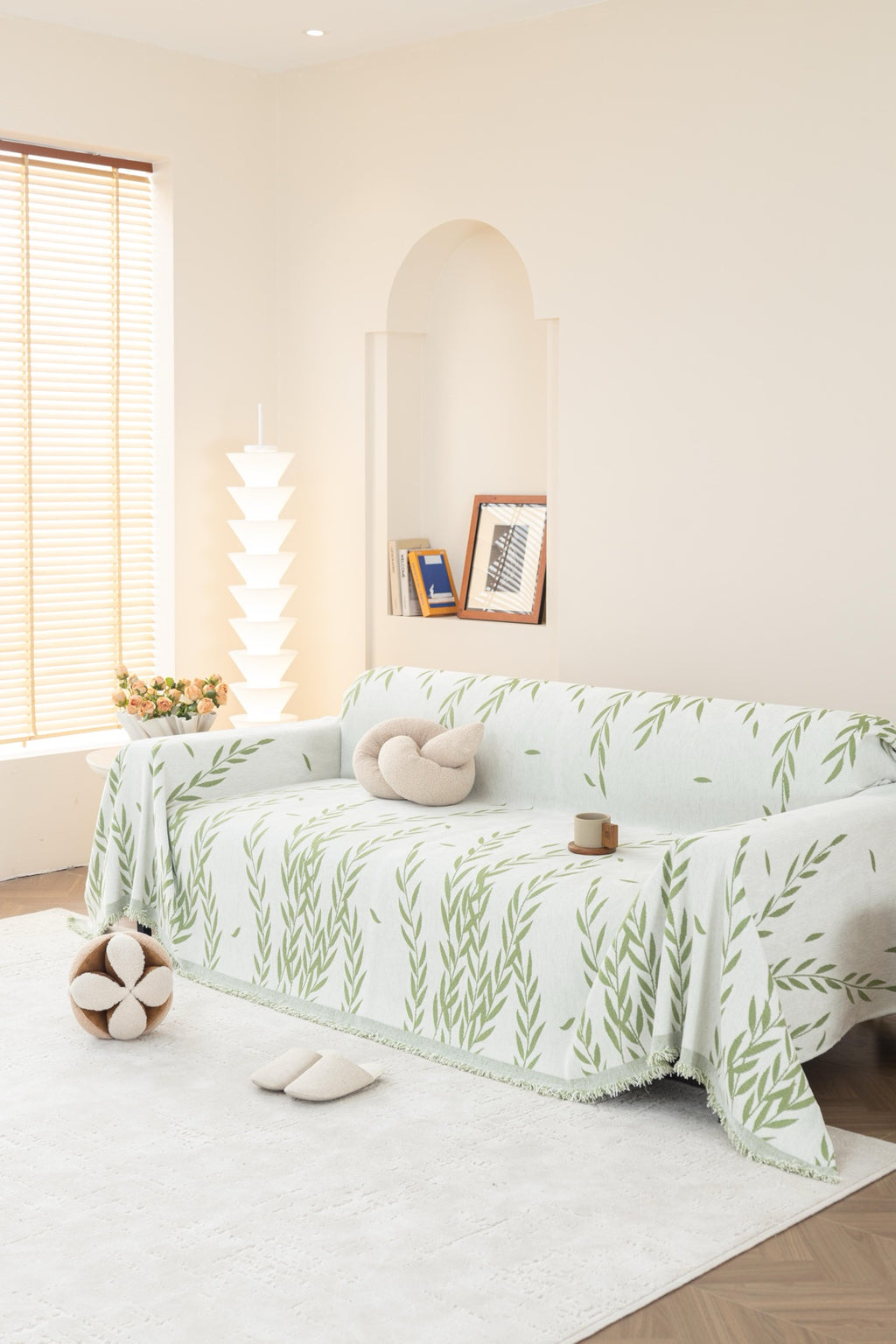 Sofa Decor Oliva Leaf Fringe Sofa Throw Cover in Sage Leaf - leaf pattern sofa throw cover styled couch cover in Australia, image 10