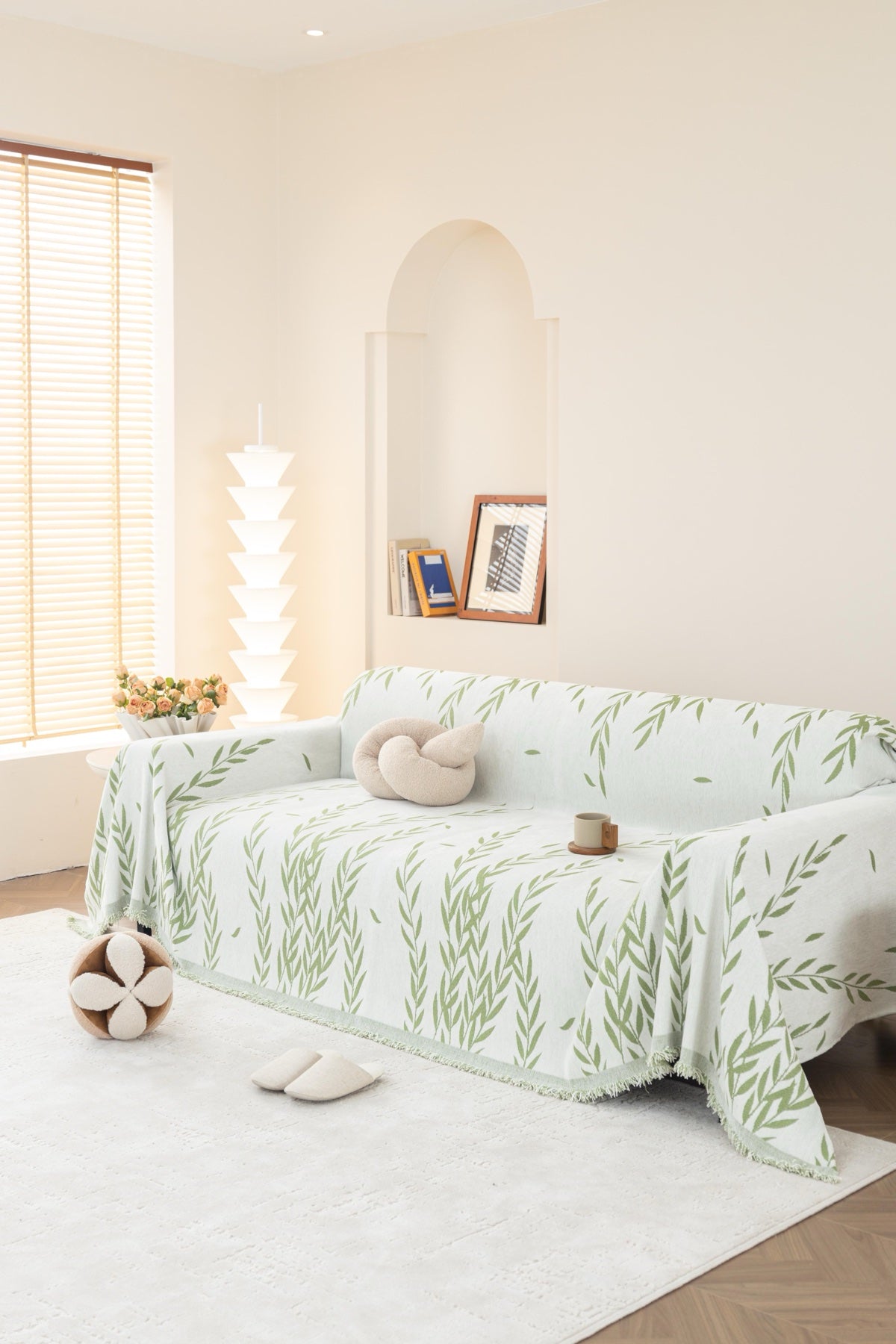 Sofa Decor Oliva Leaf Fringe Sofa Throw Cover in Sage Leaf - leaf pattern sofa throw cover styled couch cover in Australia, image 10
