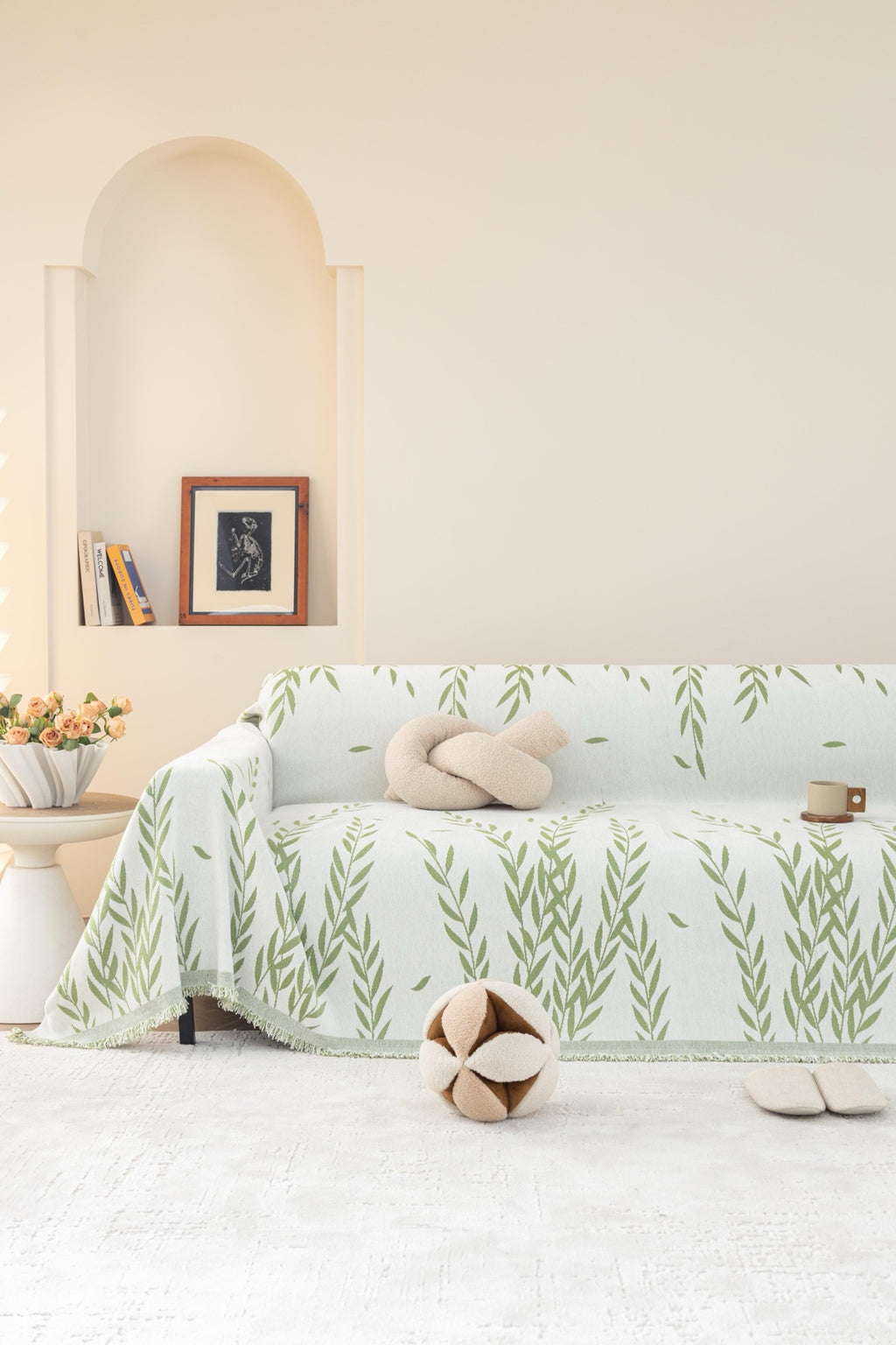 Sofa Decor Oliva Leaf Fringe Sofa Throw Cover in Sage Leaf - leaf pattern sofa throw cover full sofa styling in Australia, image 11