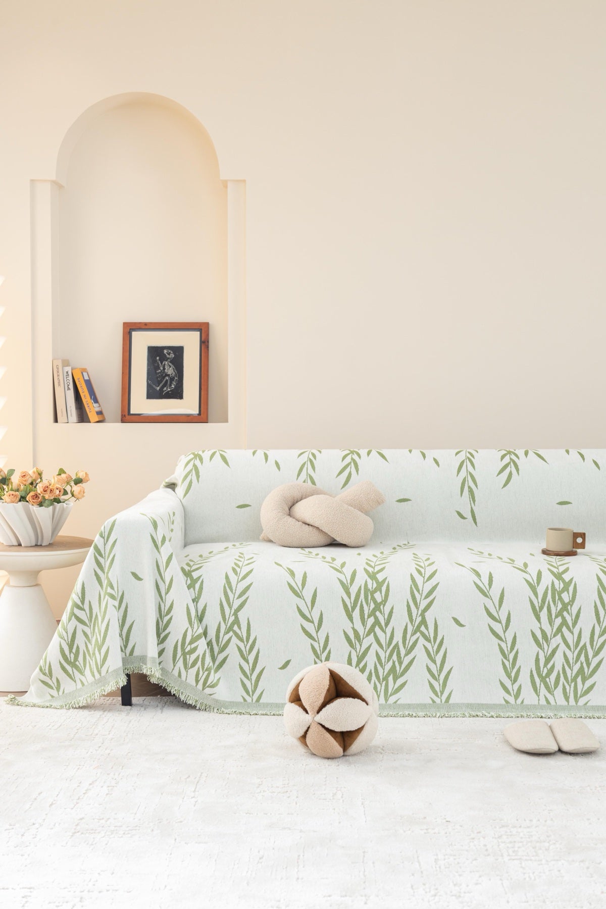 Sofa Decor Oliva Leaf Fringe Sofa Throw Cover in Sage Leaf - leaf pattern sofa throw cover full sofa styling in Australia, image 11