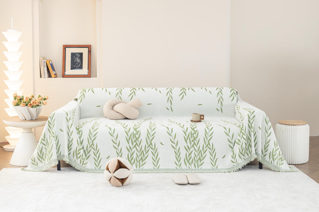 Sofa Decor Oliva Leaf Fringe Sofa Throw Cover in Sage Leaf - leaf pattern sofa throw cover styled couch cover in Australia, image 12